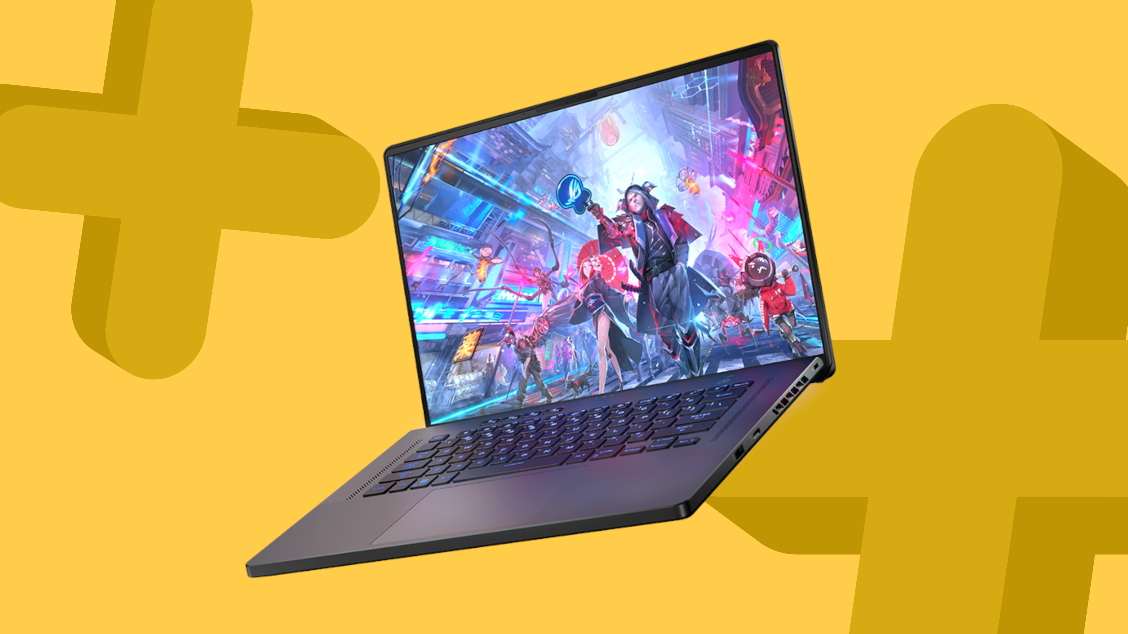 Asus ROG Zephyrus G16 gaming laptop on a yellow background