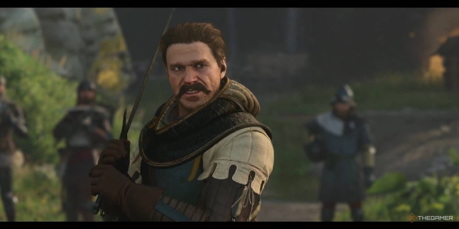 Zizka brandishing his sword before duelling Henry in Kingdom Come Deliverance 2.