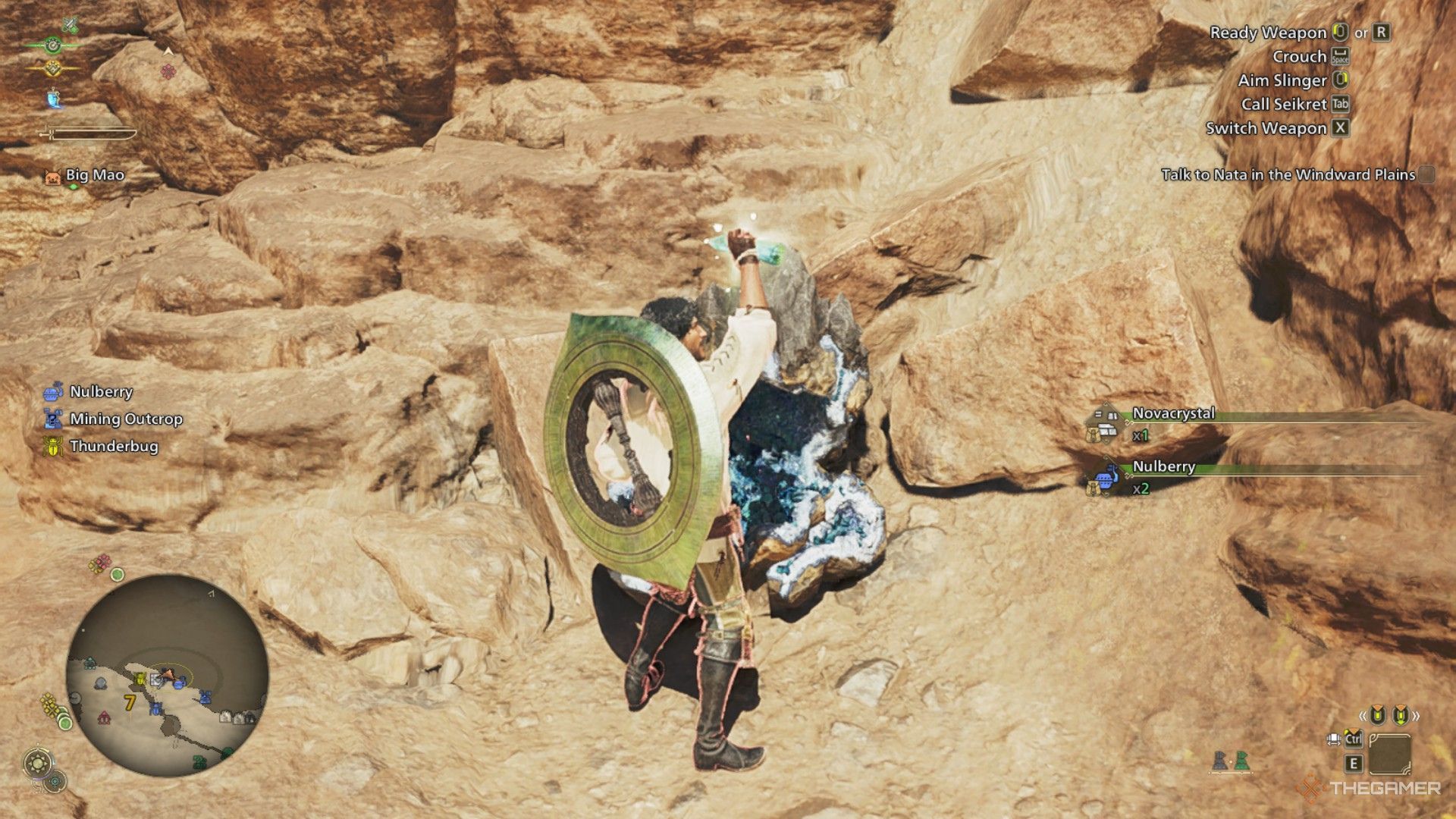 The image shows that the Hunter has found a Novacrystal from a Mining Crop in Monster Hunter Wilds.