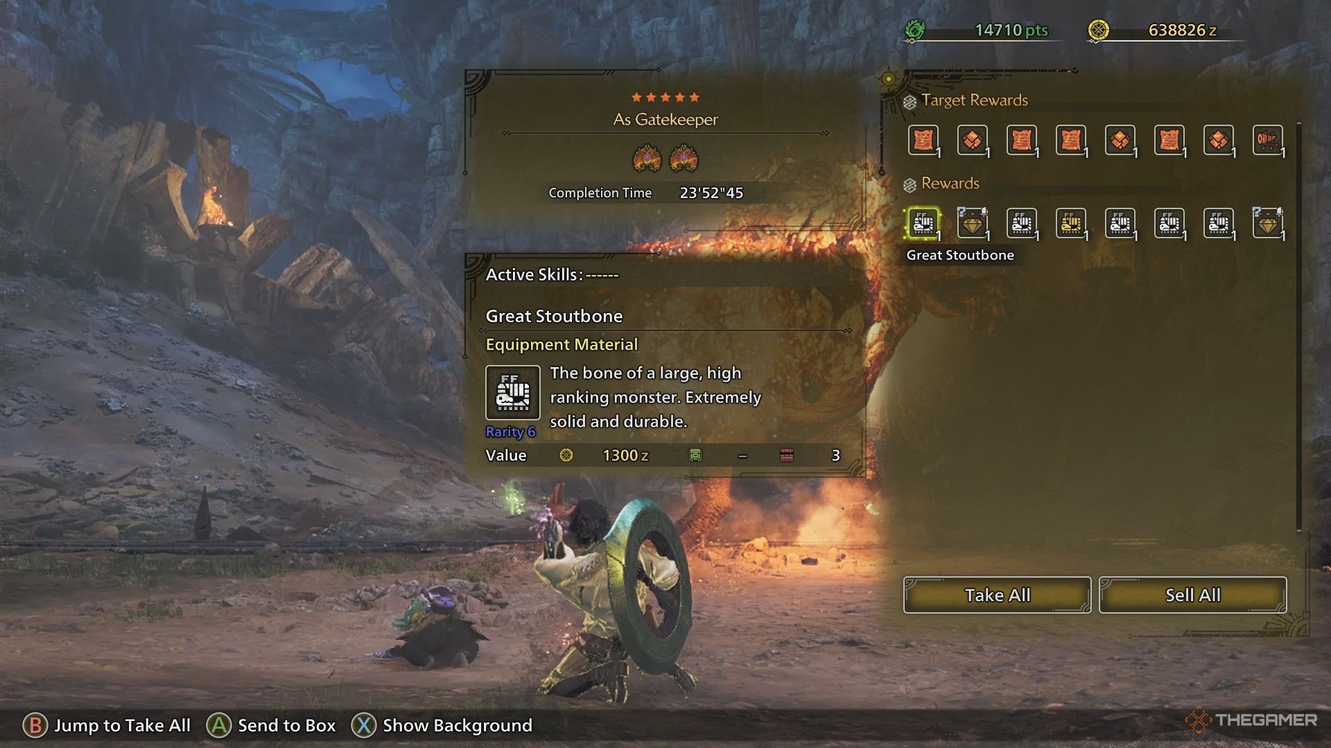 The image shows the Great Stoutbone as a quest reward for As Gatekeeper Quest in Monster Hunter Wilds.