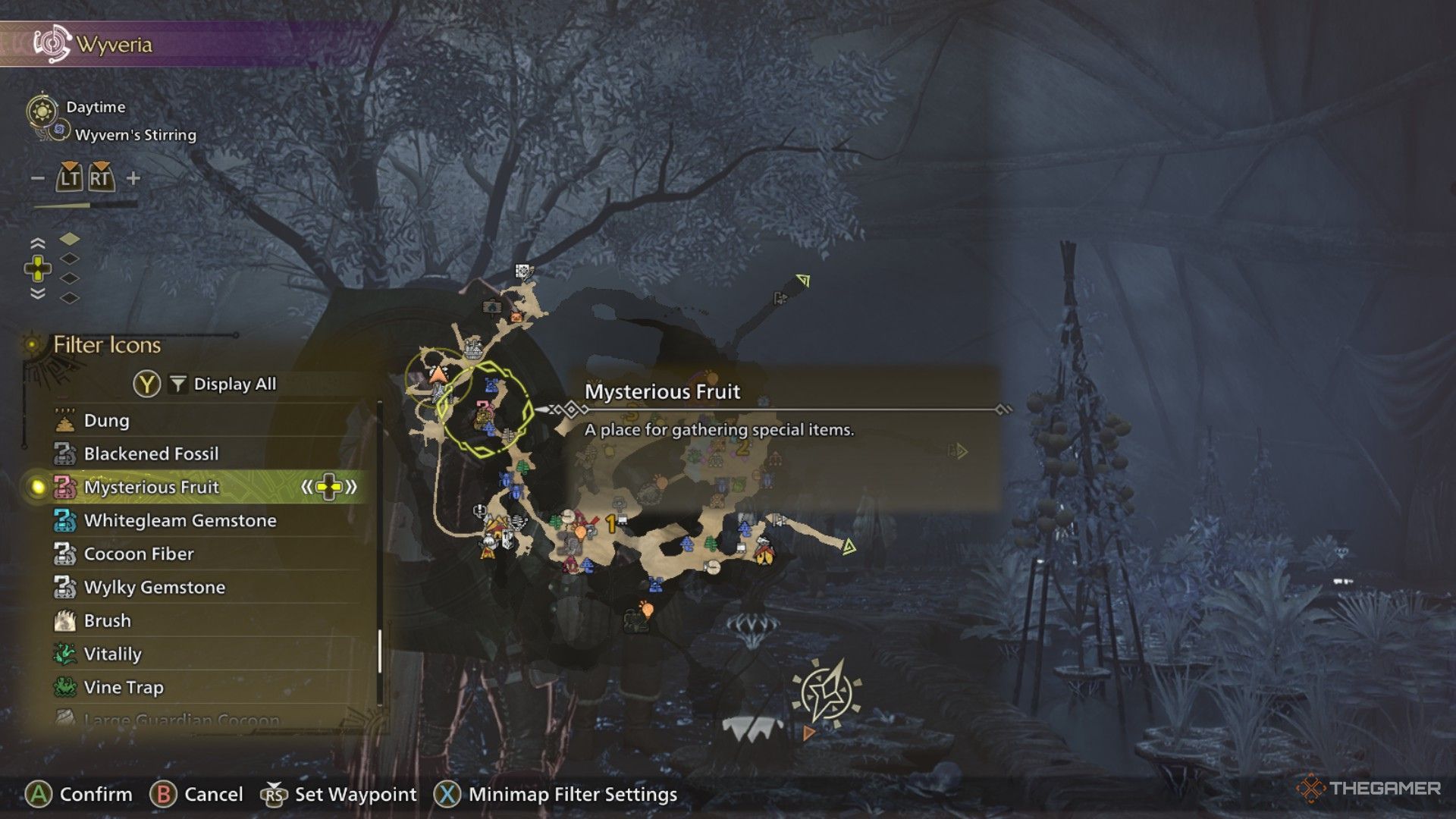 The image shows the Hunter filtering Mysterious Fruit nodes on the map in Monster Hunter Wilds.