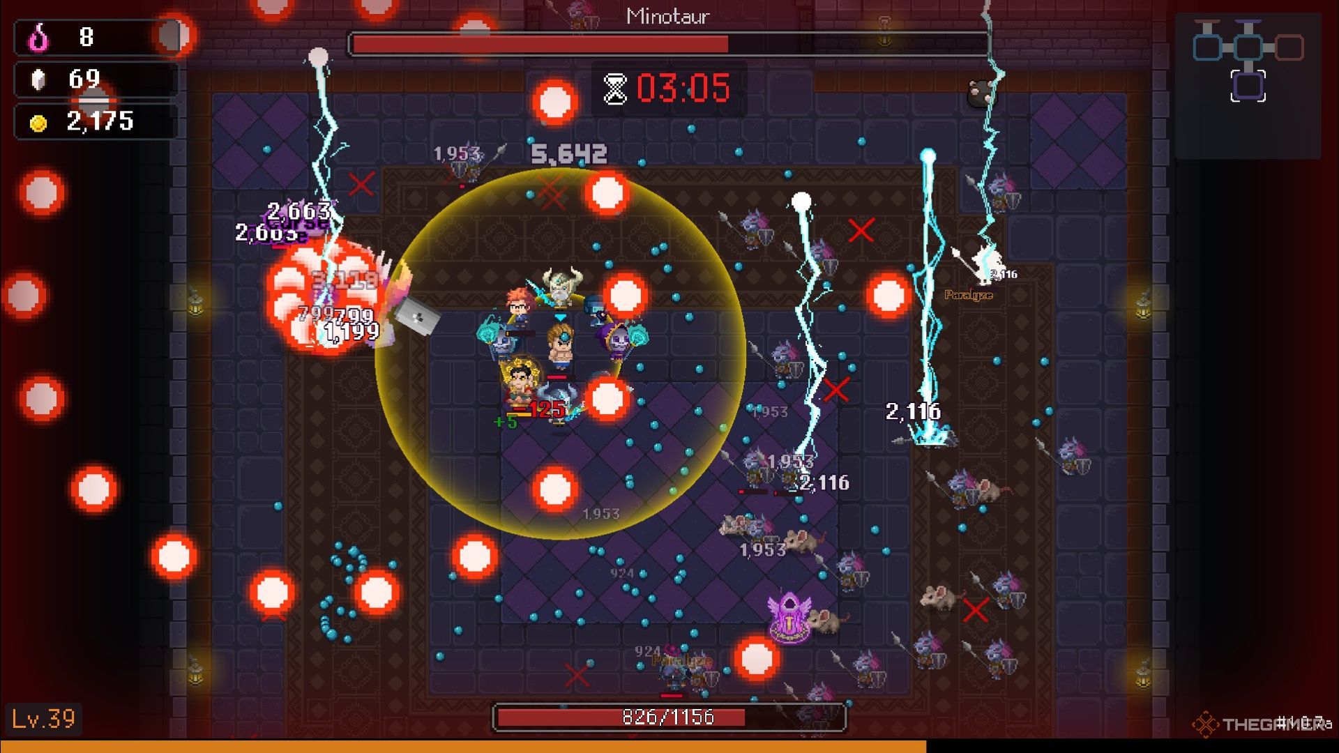 The minotaur in Stand Survivors is struck by lightning while trading b lows with the Muscle. 