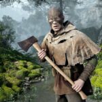 An enemy in Atomfall holding an axe in a forest.