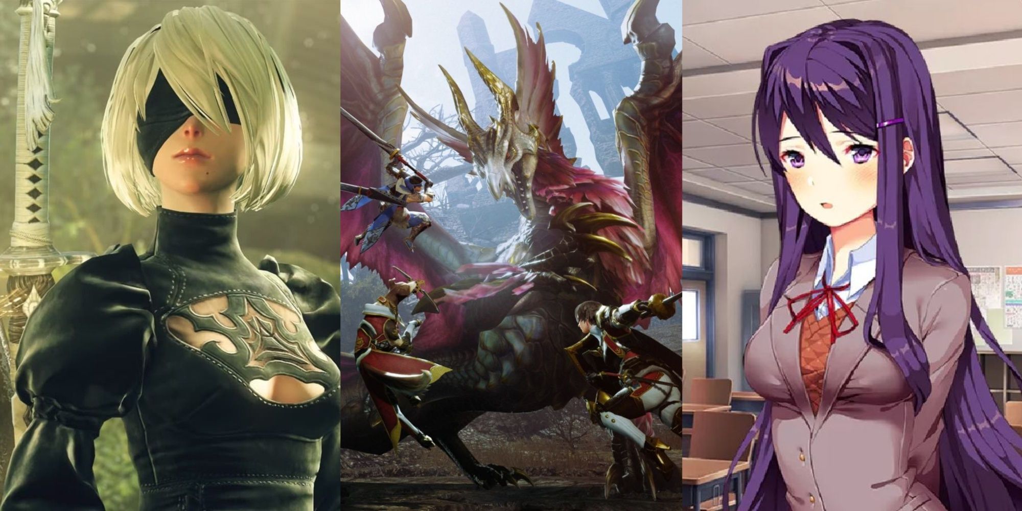 2B from Nier Automata next to a monster from Monster Hunter next to Yuri from Doki Doki Literature Club
