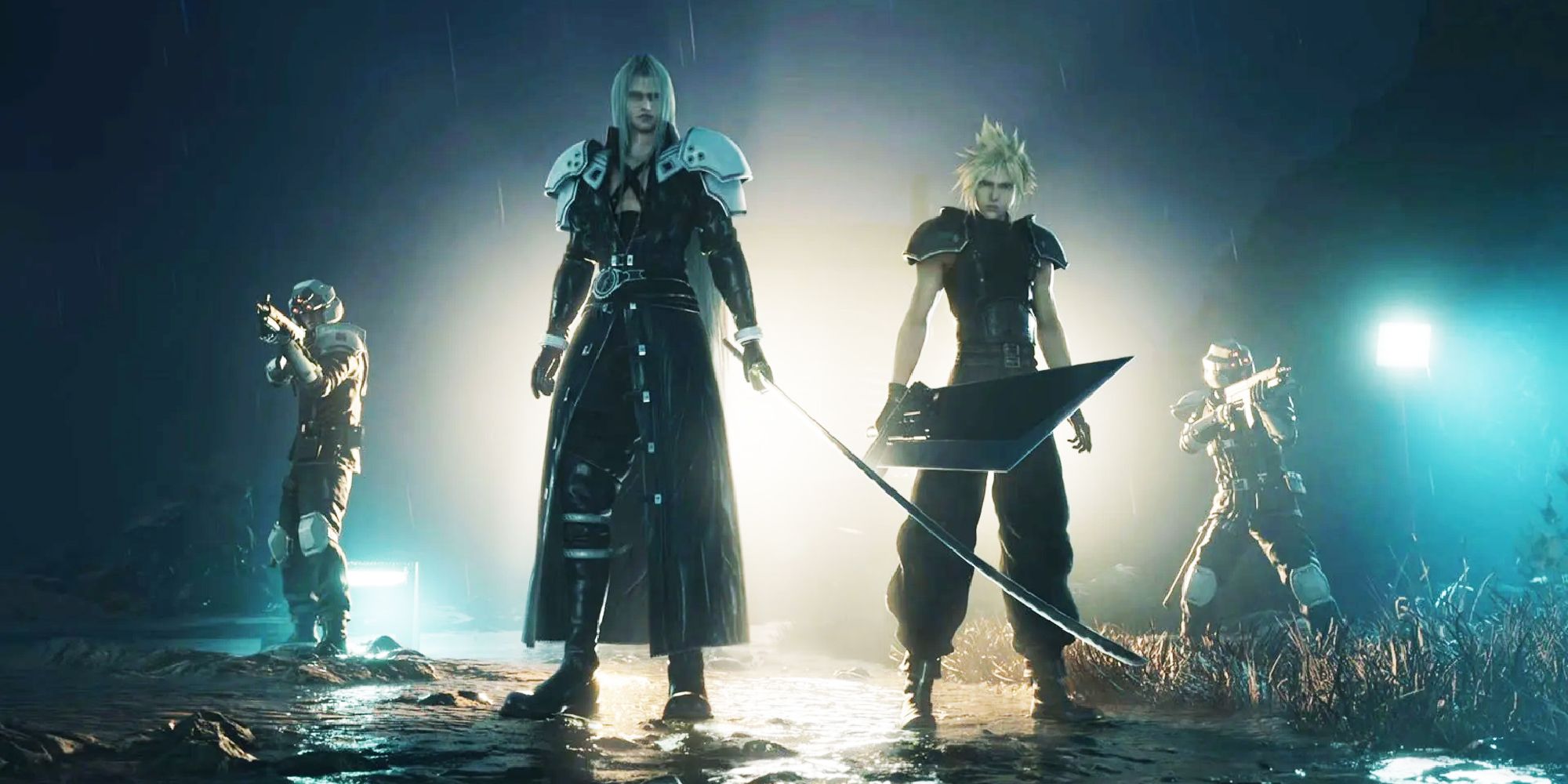 Final Fantasy 7 Rebirth screenshot of Cloud and Sepiroph with two Shinra soldiers standing in the light at night