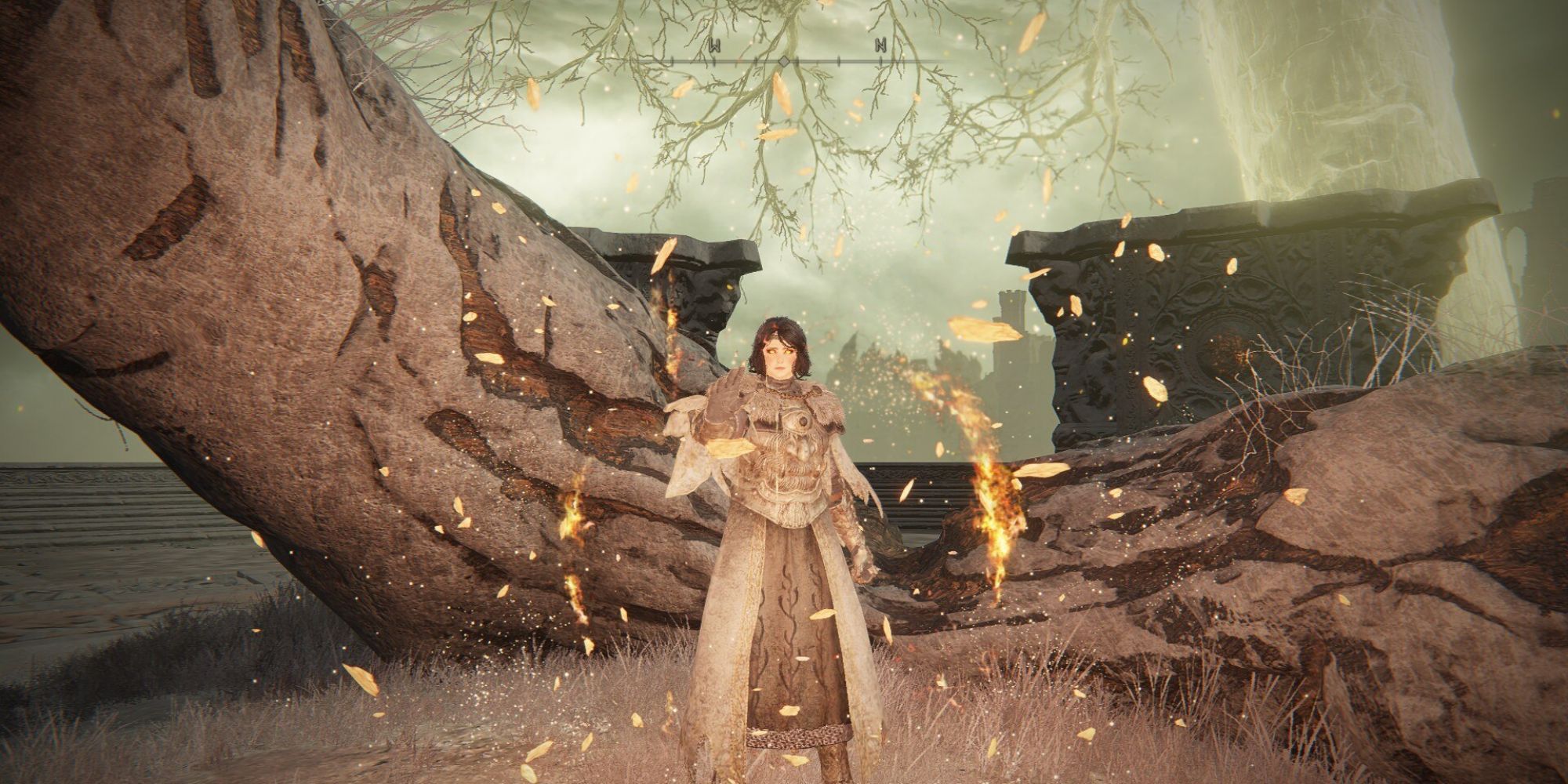 A Tarnished absorbs glowing golden runes atop a tower in Elden Ring.