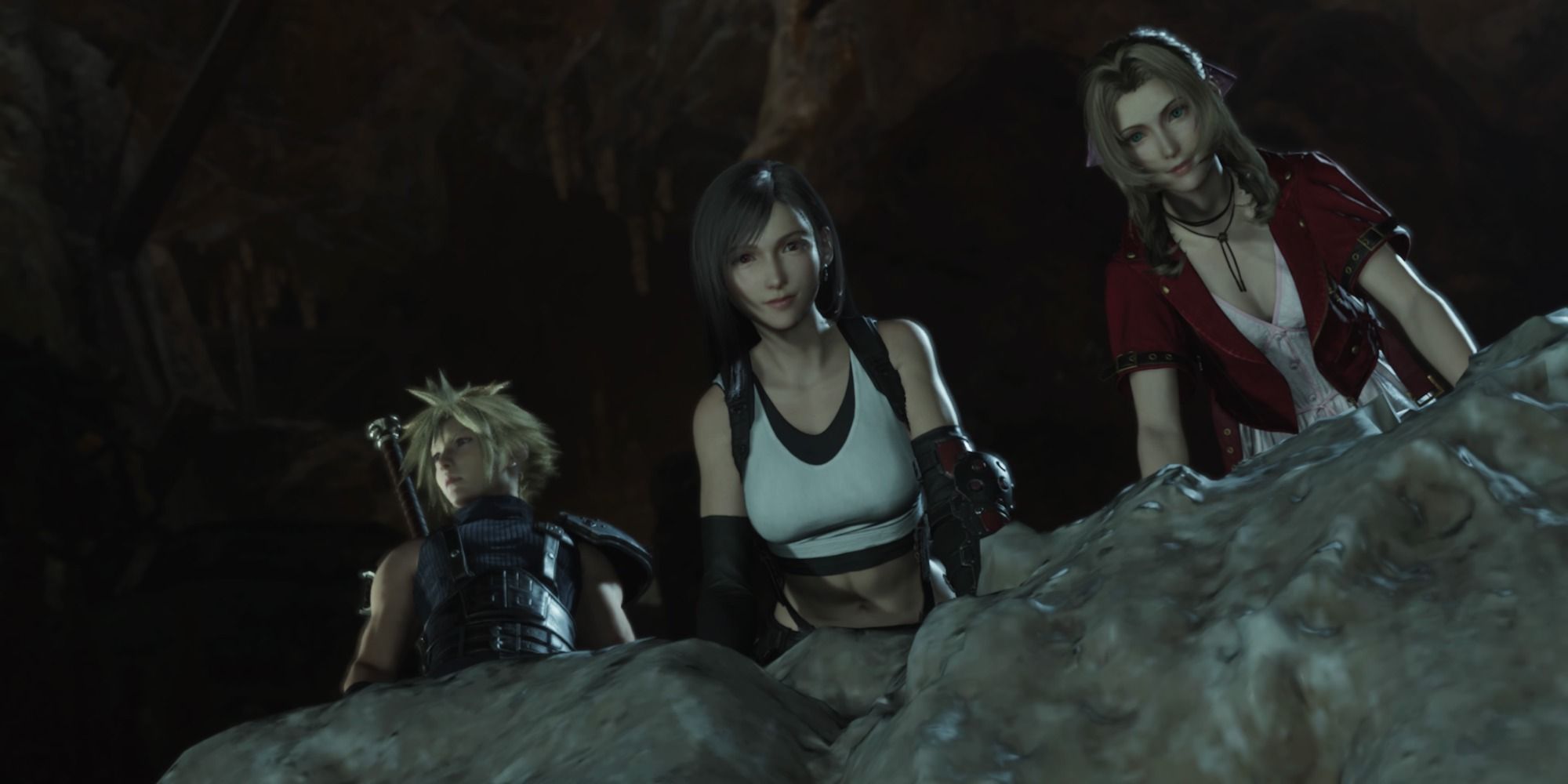 Cloud, Tifa, and Aerith Looking Into A Pit