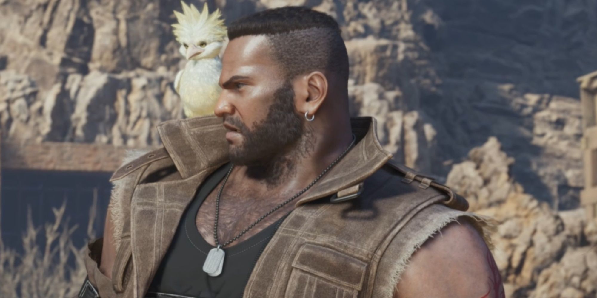 Barret with 'Cloud Junior' perched on his right shoulder in Final Fantasy 7 Rebirth