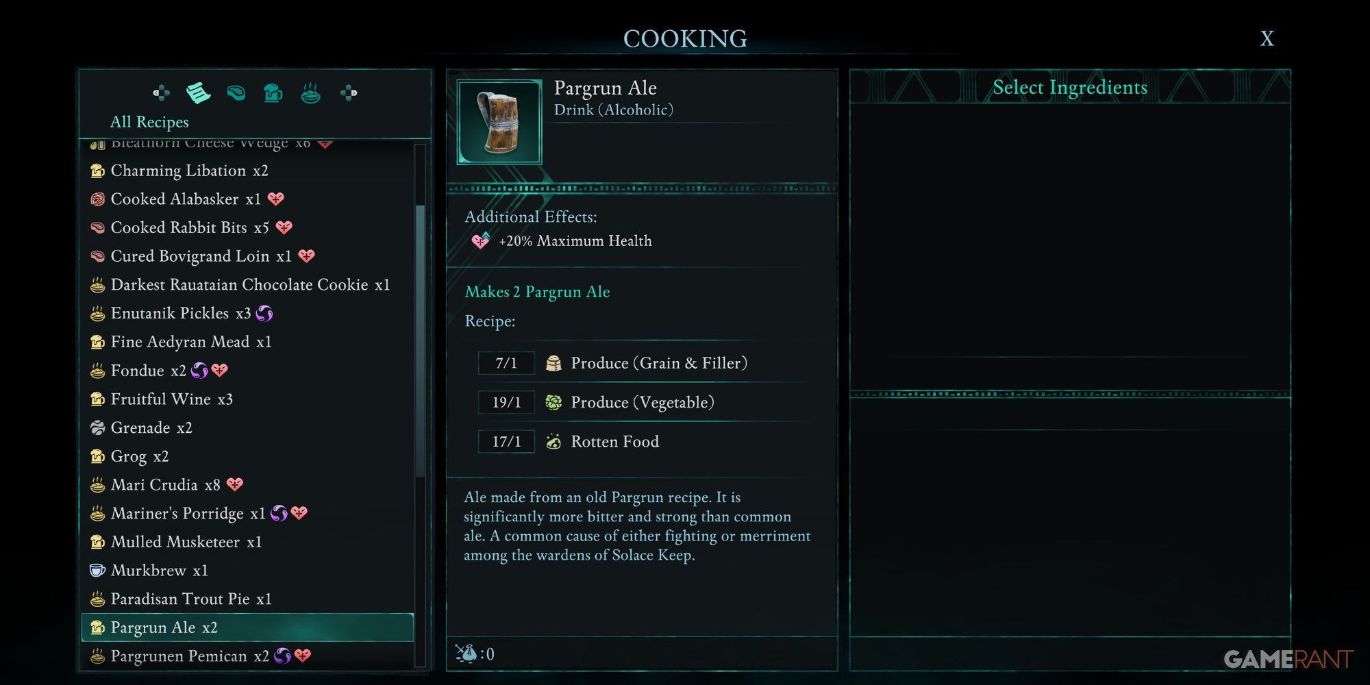 Pargrun Ale recipe in Avowed