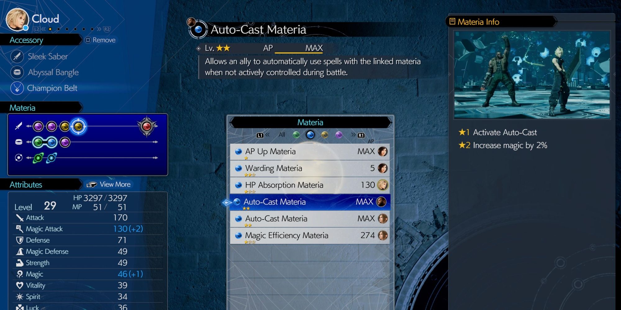 Auto Cast Materia shown in menu in final fantasy 7 rebirth