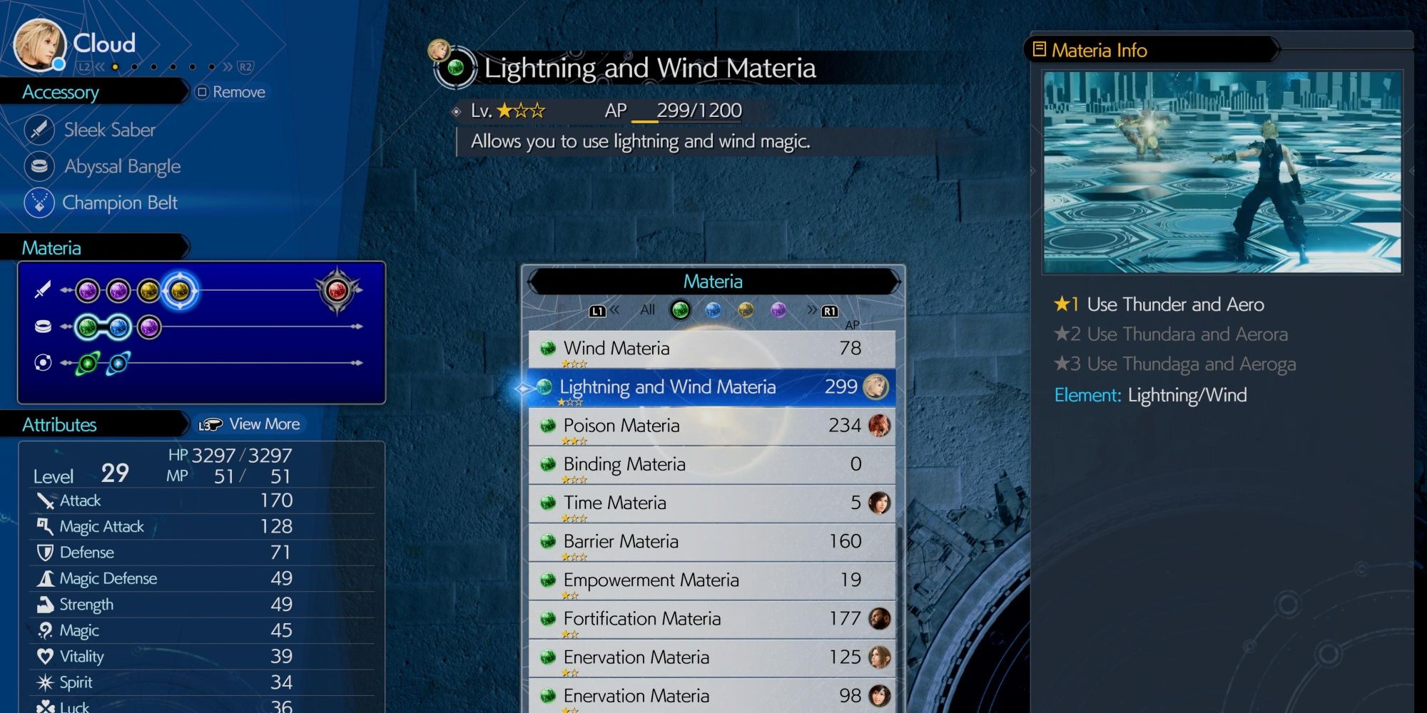 lightning and wind materia shown in menu in final fantasy 7 rebirth