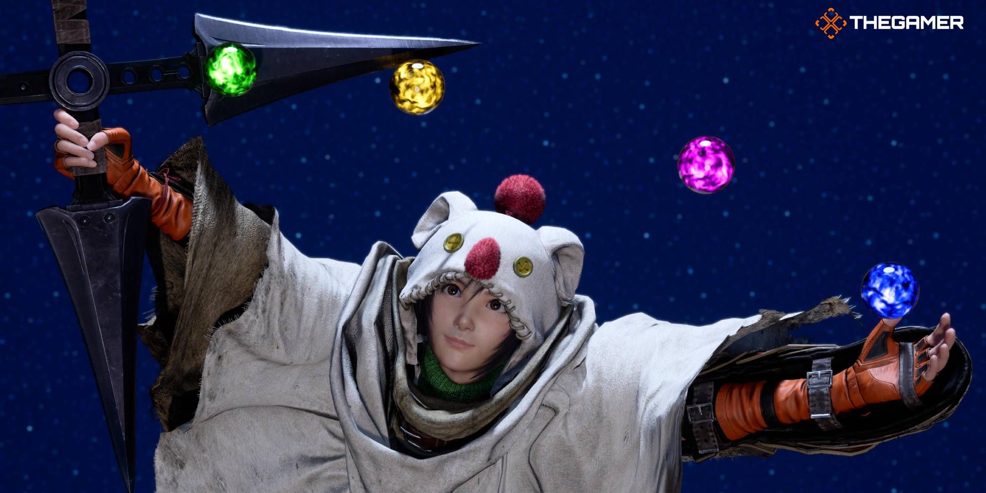 Yuffie in her moogle disguise attire with multiple orbs of Materia over here in FF7 Rebirth