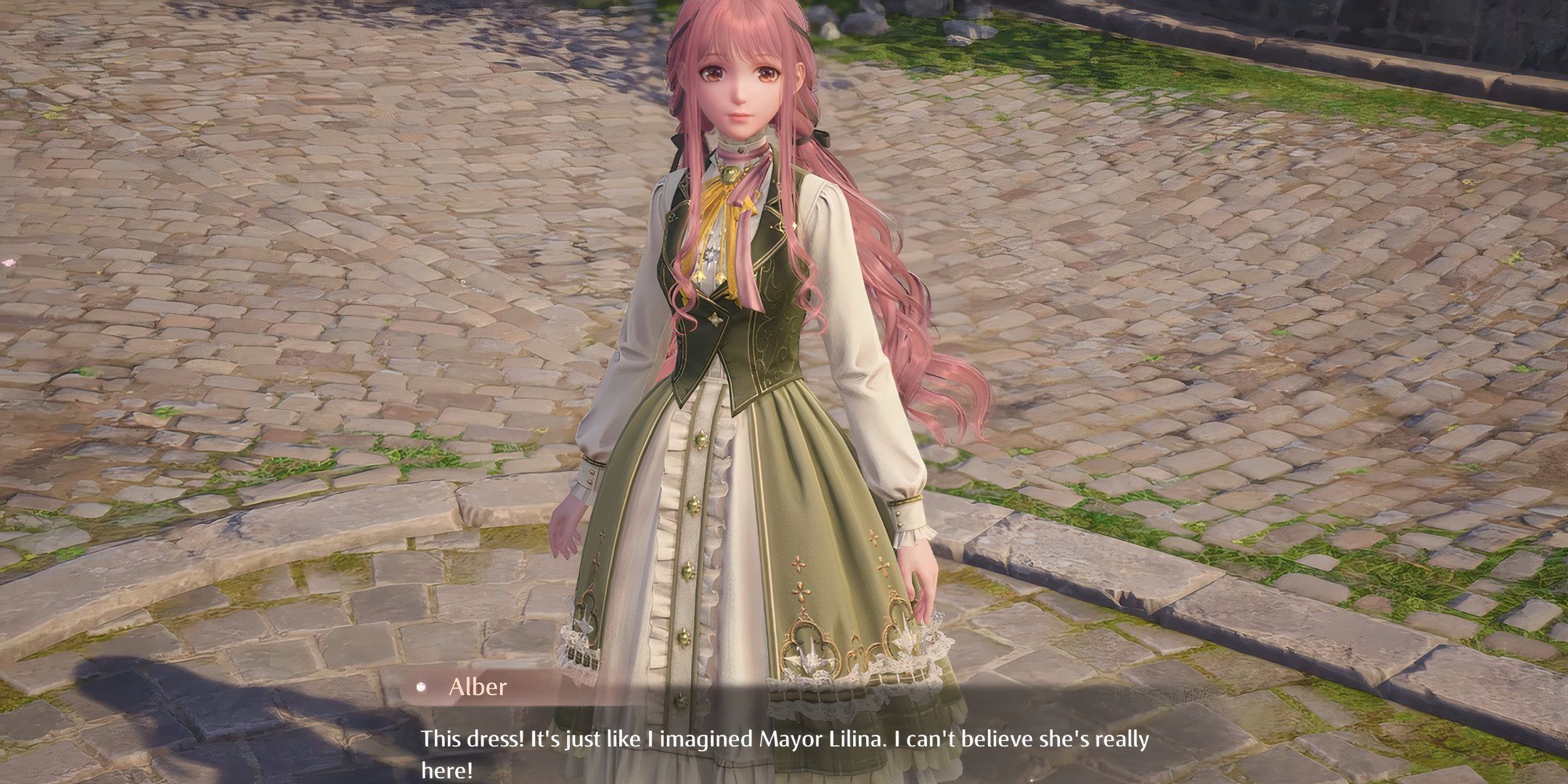 Nikki wearing a green dress while talking to an NPC for the Kindled Inspiration quest.