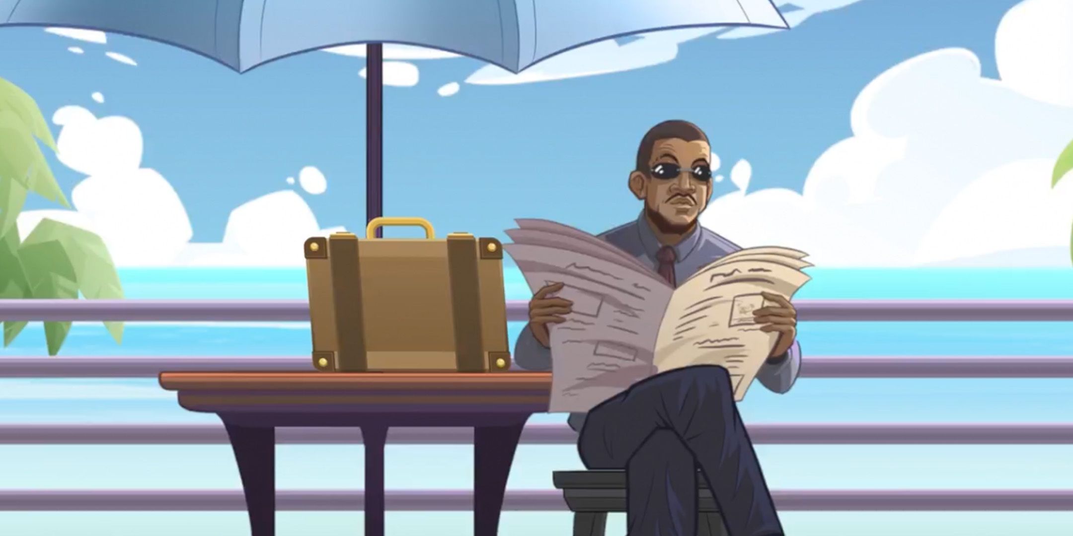 A screenshot from Codenames, in which a man in sunglasses reads a newspaper under an umbrella.