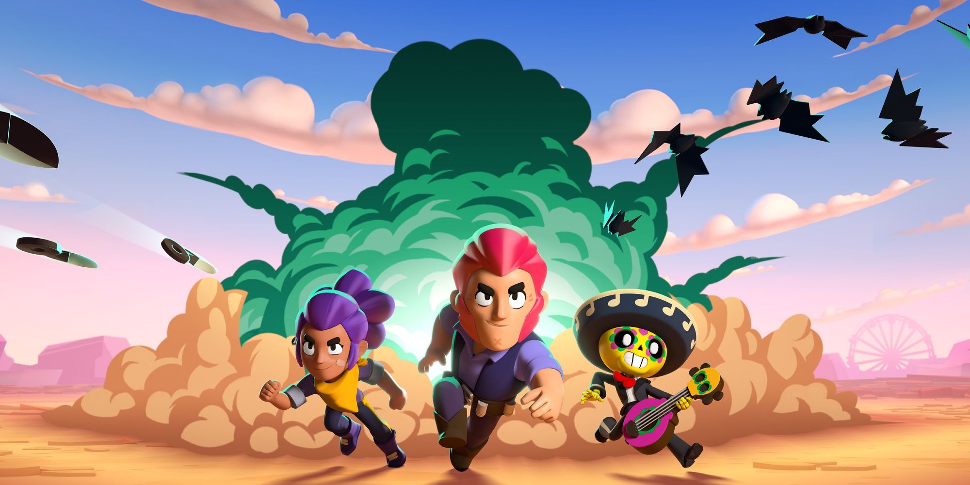 A screenshot from Brawl Stars, in which a pink-haired man, a purple-haired woman, and a skeleton run from an explosion.