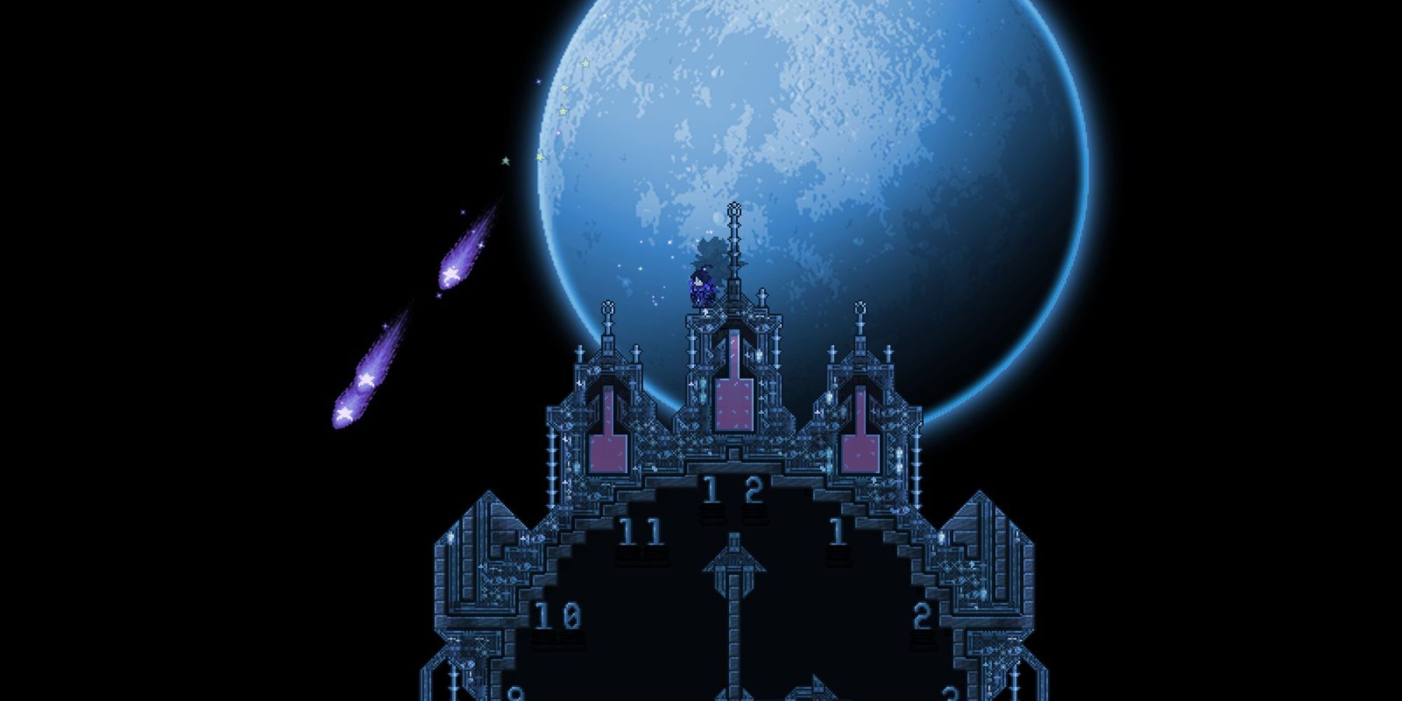 A screenshot from Terraria, in which the protagonist stands on a clock tower with a bright blue full moon in the background.