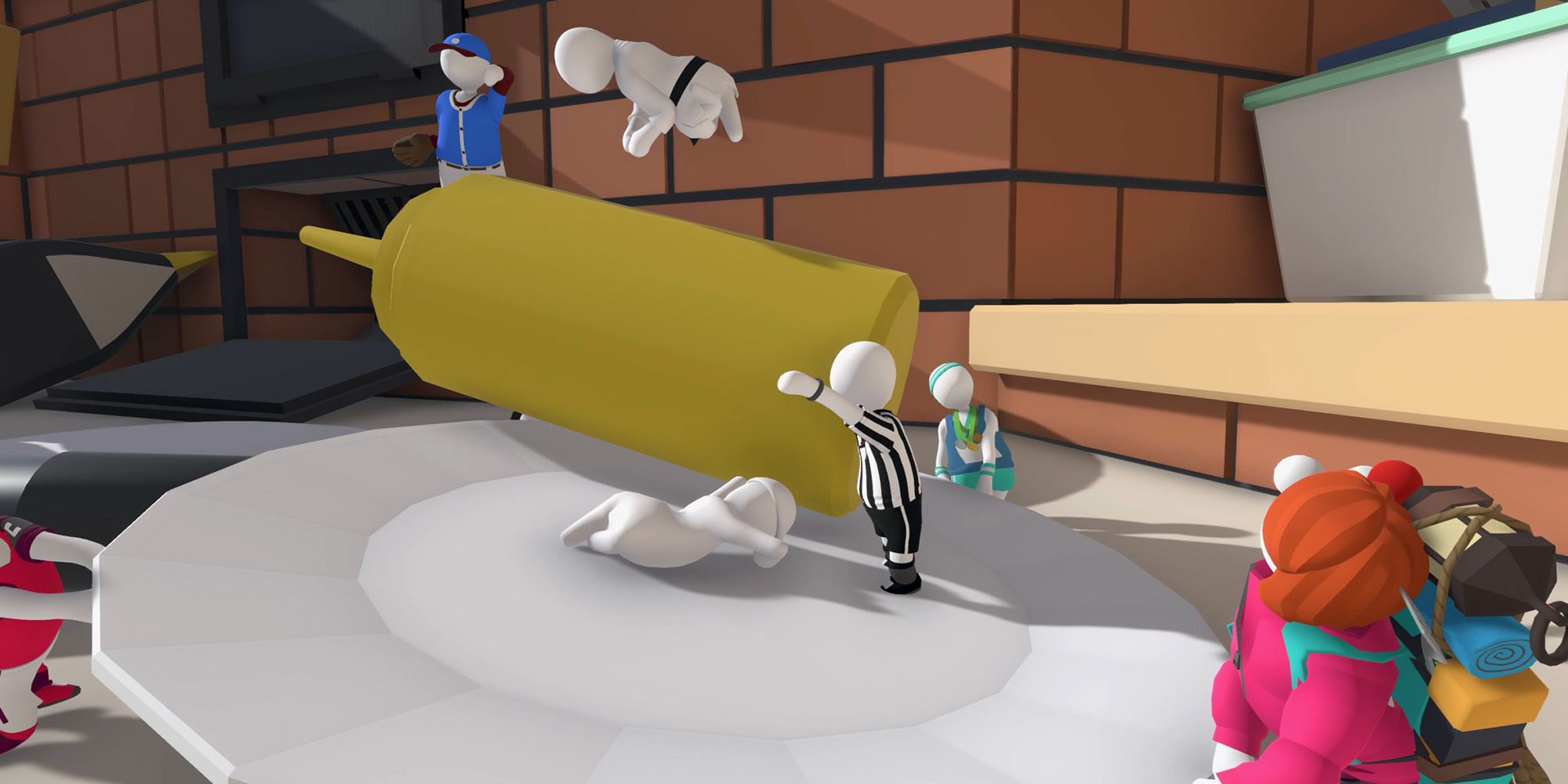 Humans carrying a mustard bottle in Human Fall Flat.