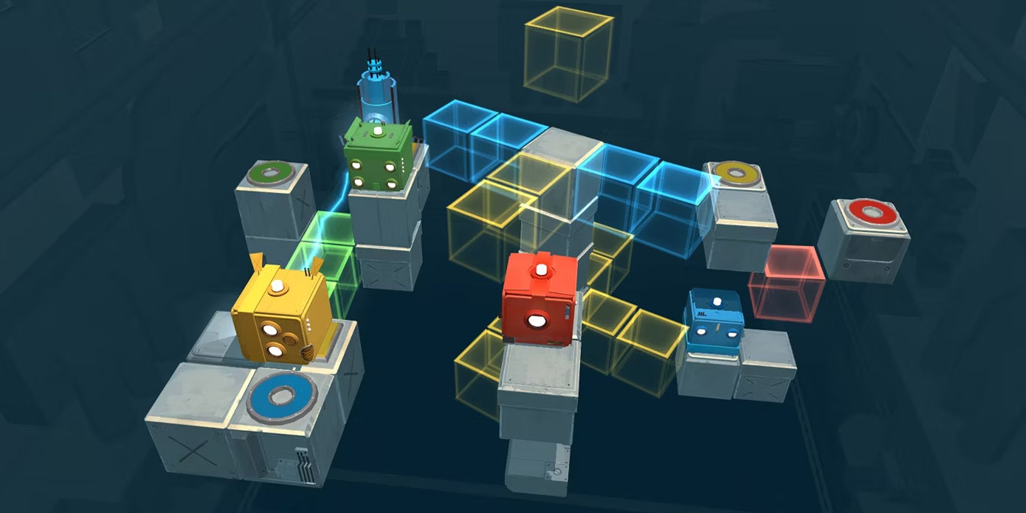 A screenshot of Death Squared, in which a bunch of cubes are arranged in a puzzle.