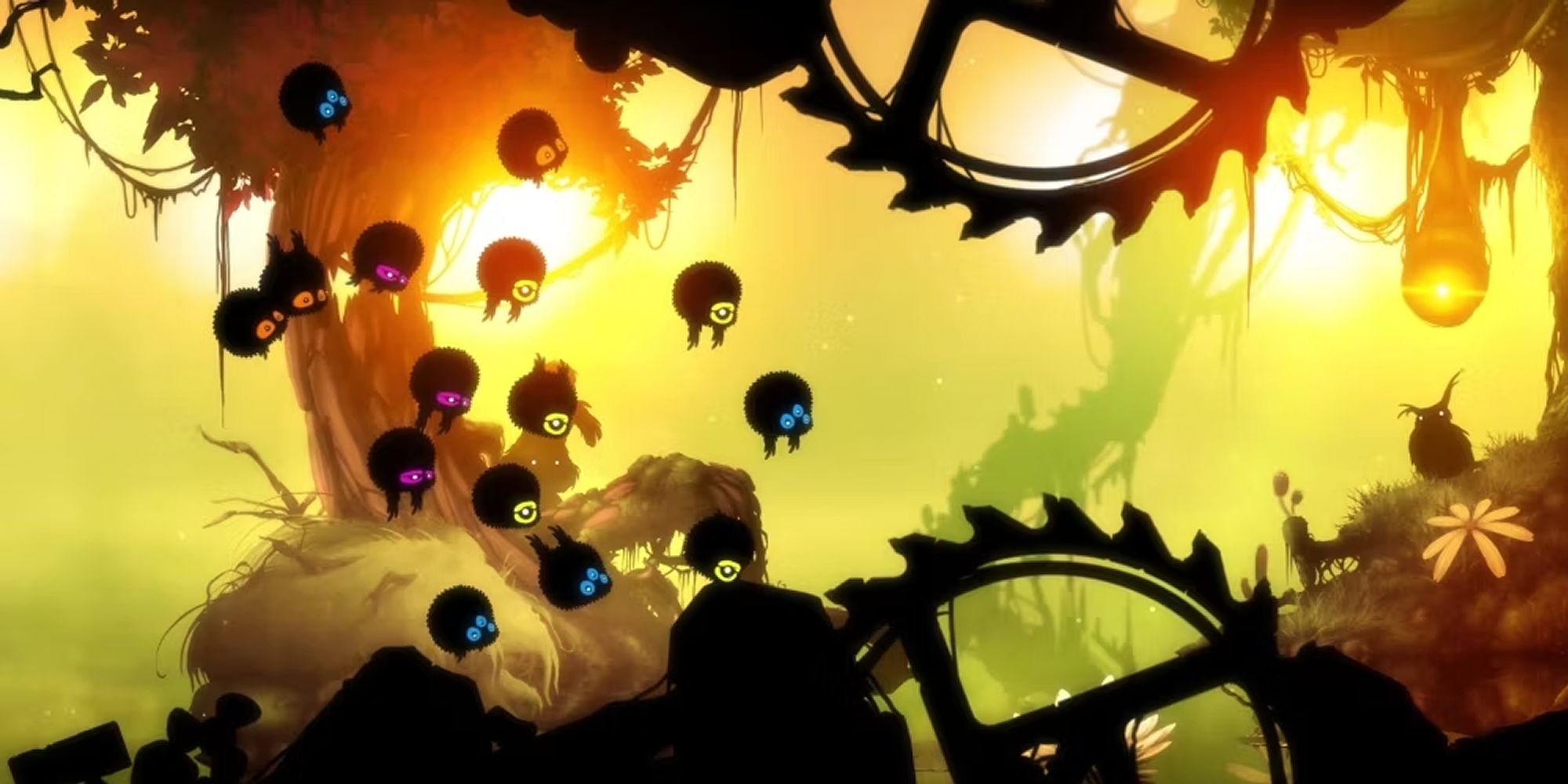 A group of fuzzy birds flying in between two massize buzzsaws in Badland.