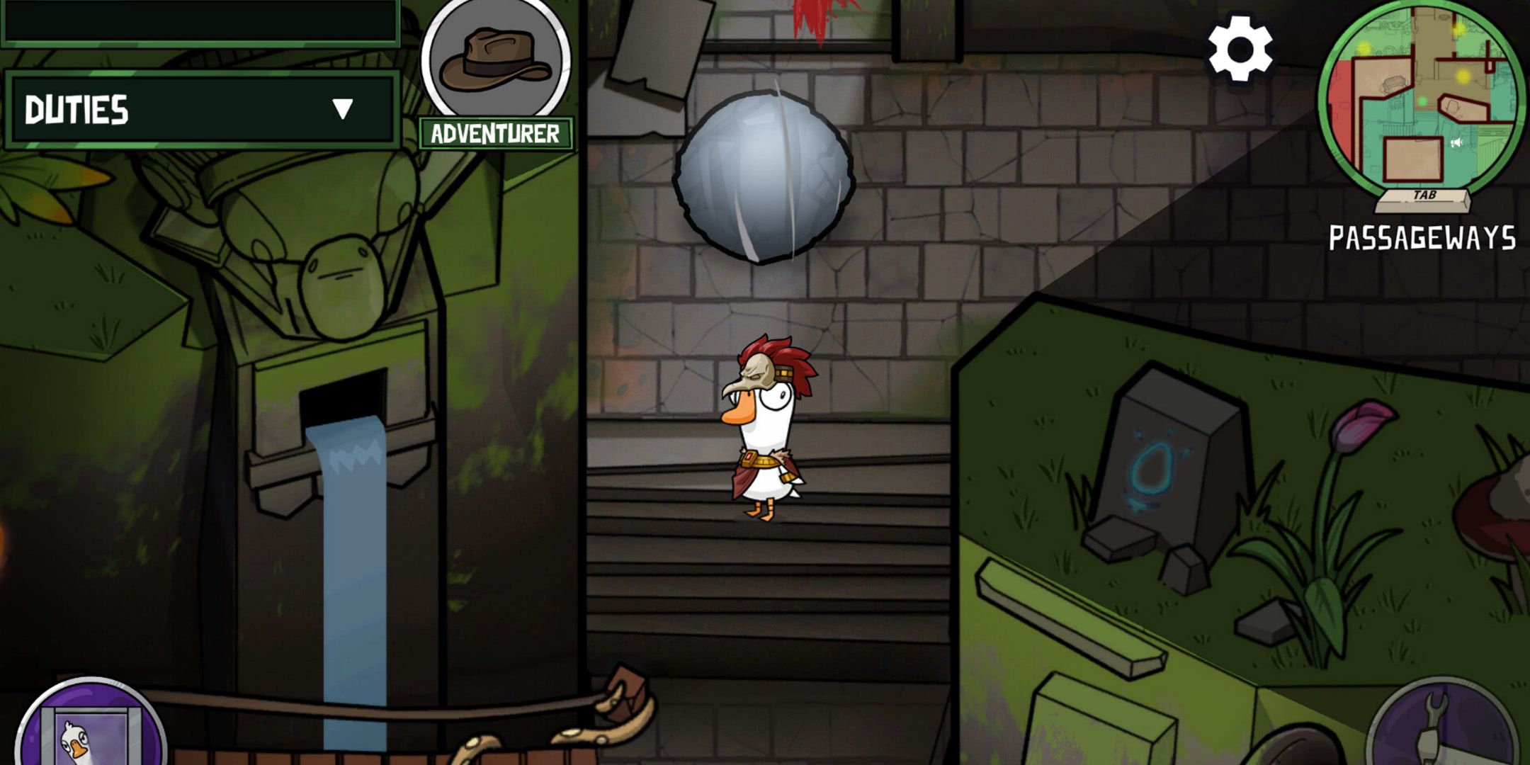 A hat-wearing goose about to get hit by a boulder in Goose Goose Duck.