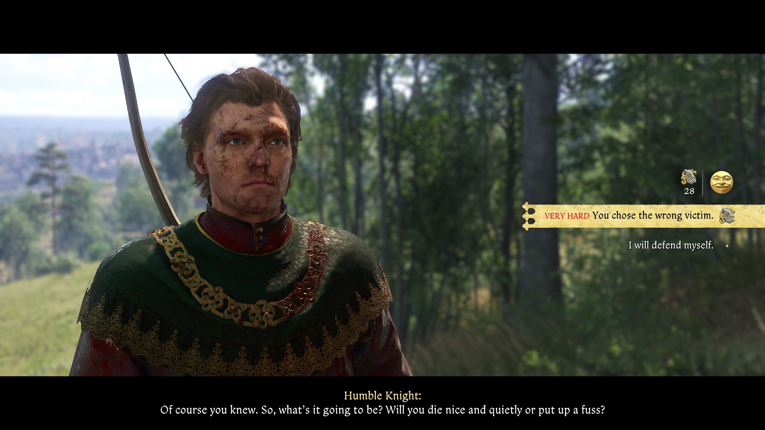 Player with a dialogue option with the Humble Knight to either kill him or intimidate him - kcd2