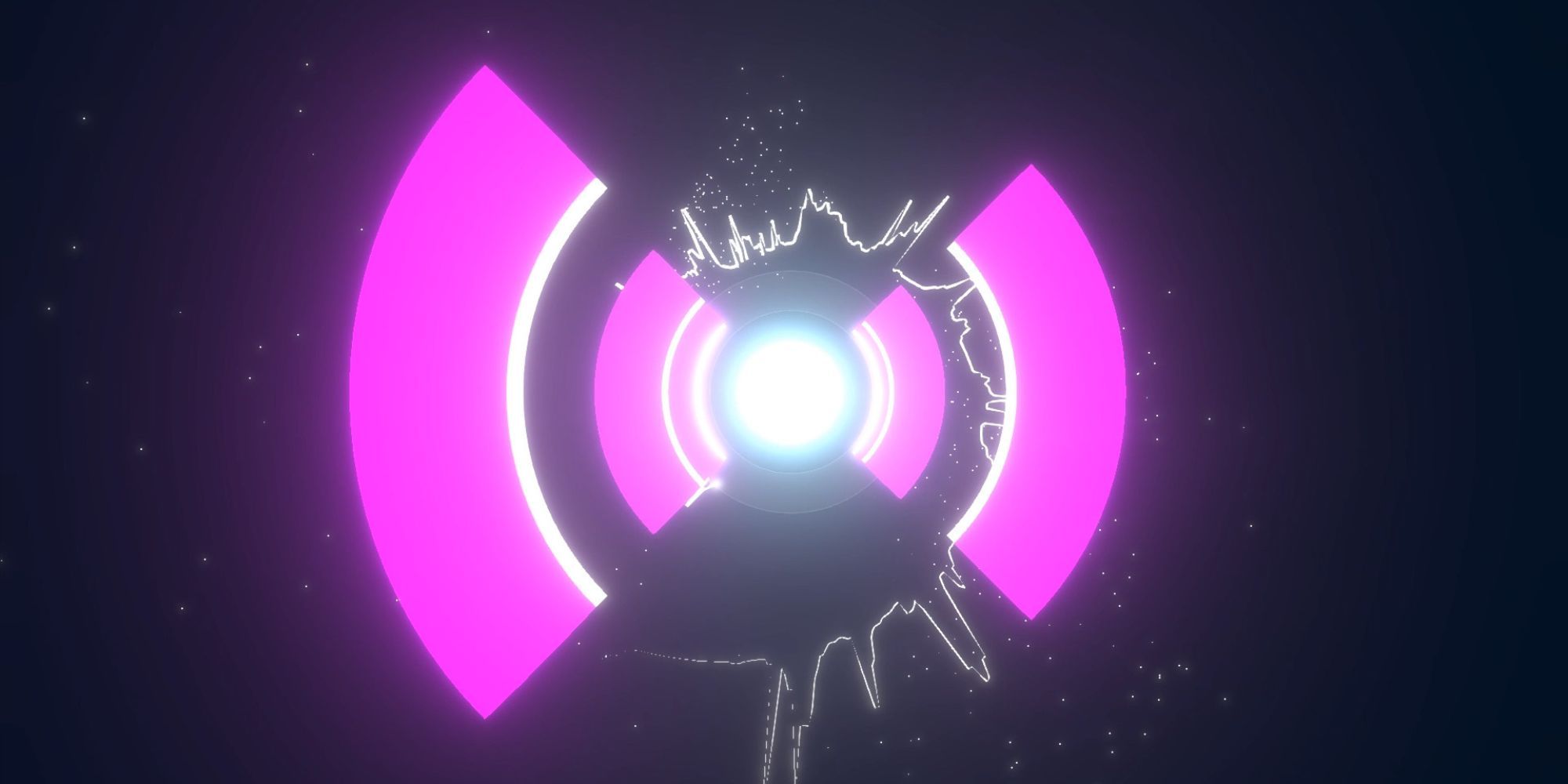 A pink curved shapes move toward a light blue center circle.