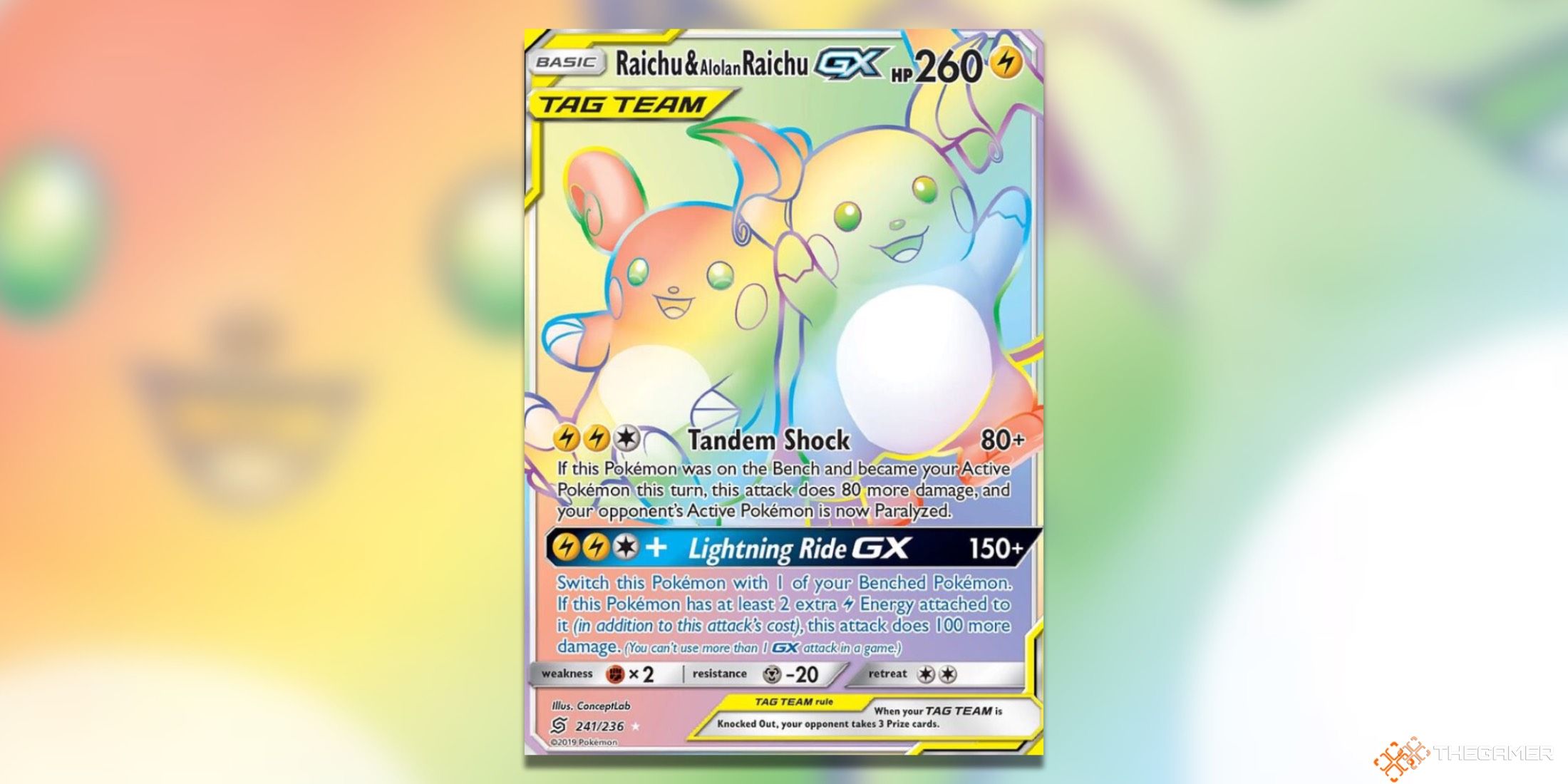 The Raichu & Alolan Raichu GX Secret Rare from the Pokemon TCG.