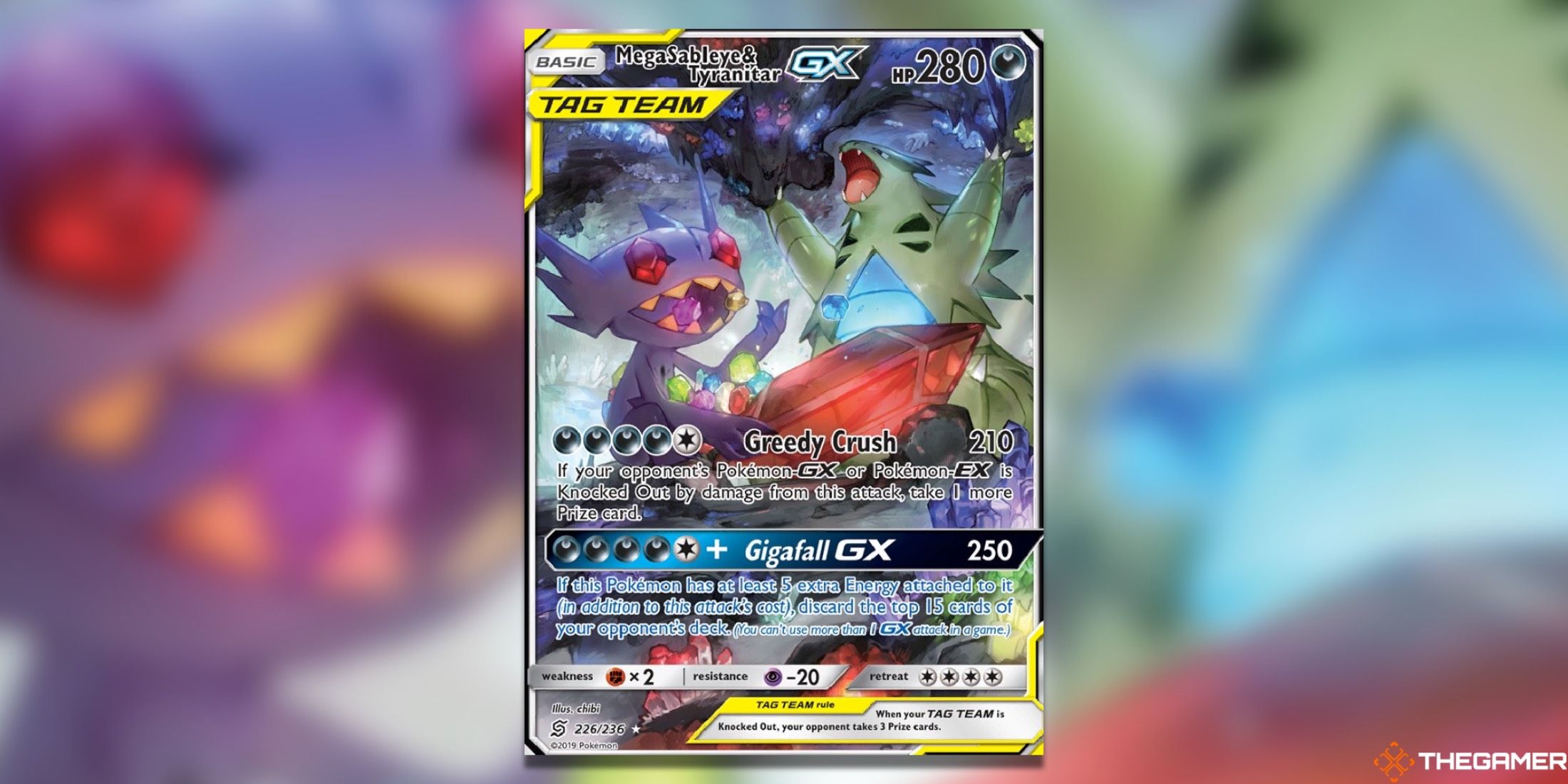 The Unified Minds Mega Sableye&Tyranitar GX alternate art from the Pokemon TCG.