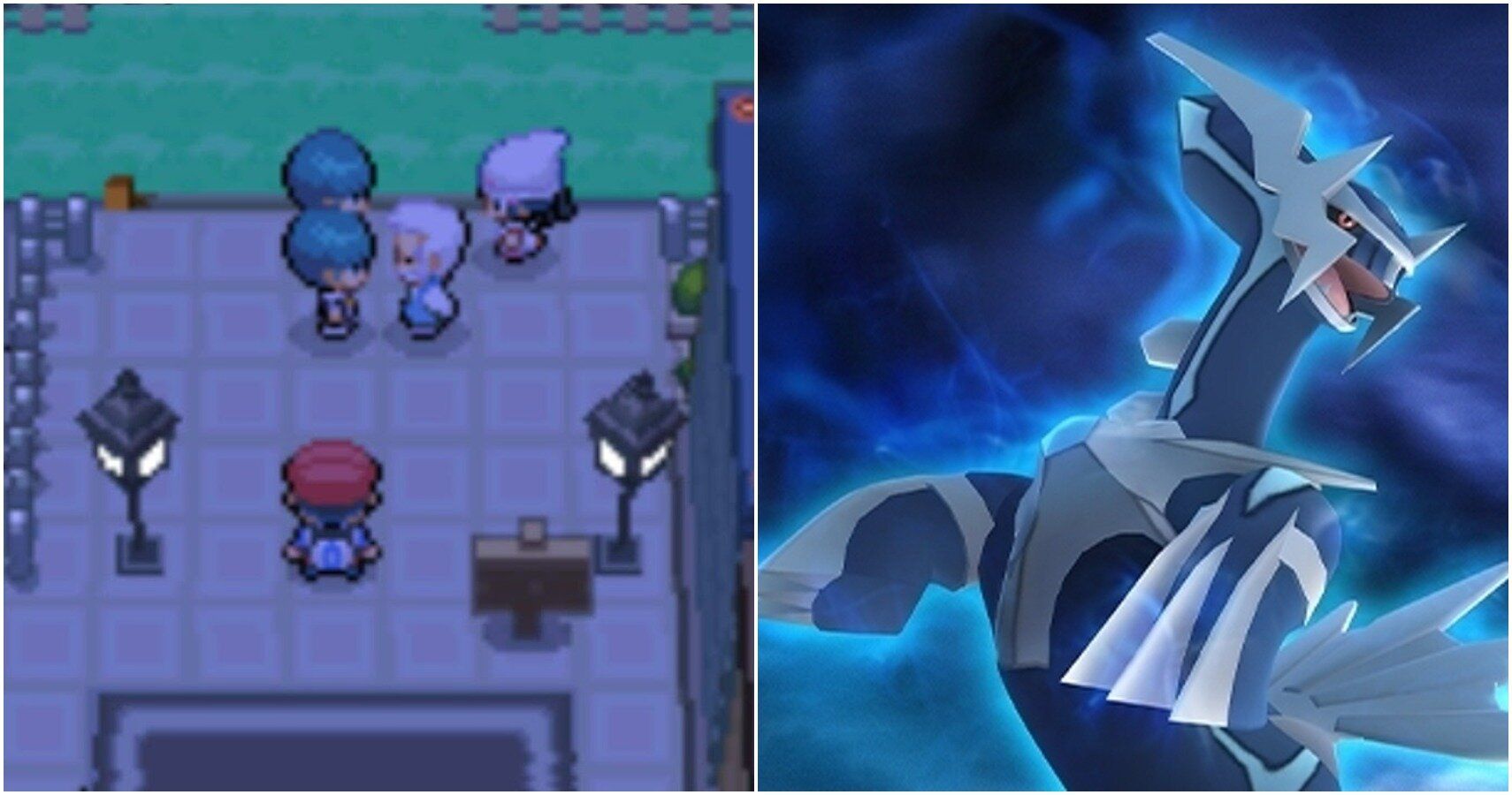 Split image of city and Dialga.