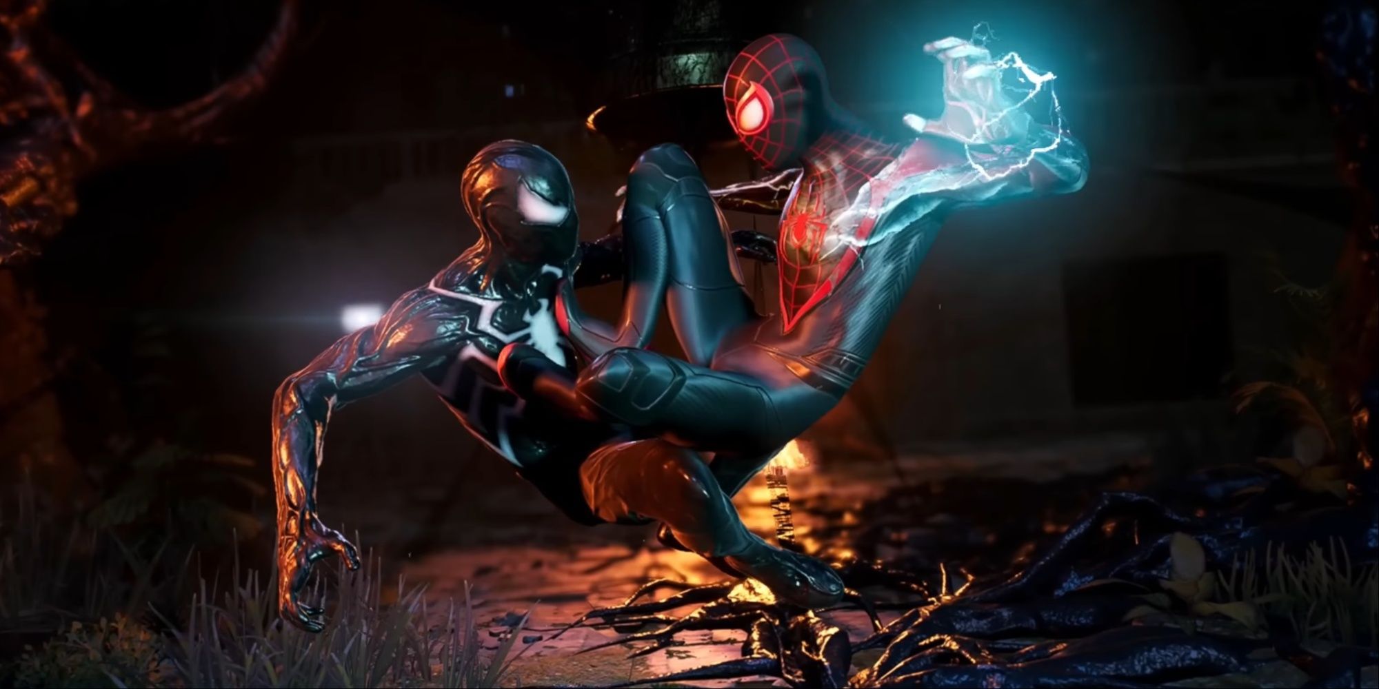 Peter with the symbiote suit fighting Miles in Marvel's Spider-Man 2.