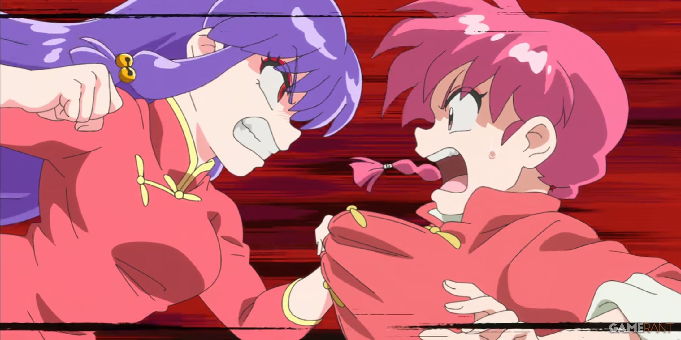 Shampoo grabs girl Ranma by the shirt in a rage in Ranma 1/2.