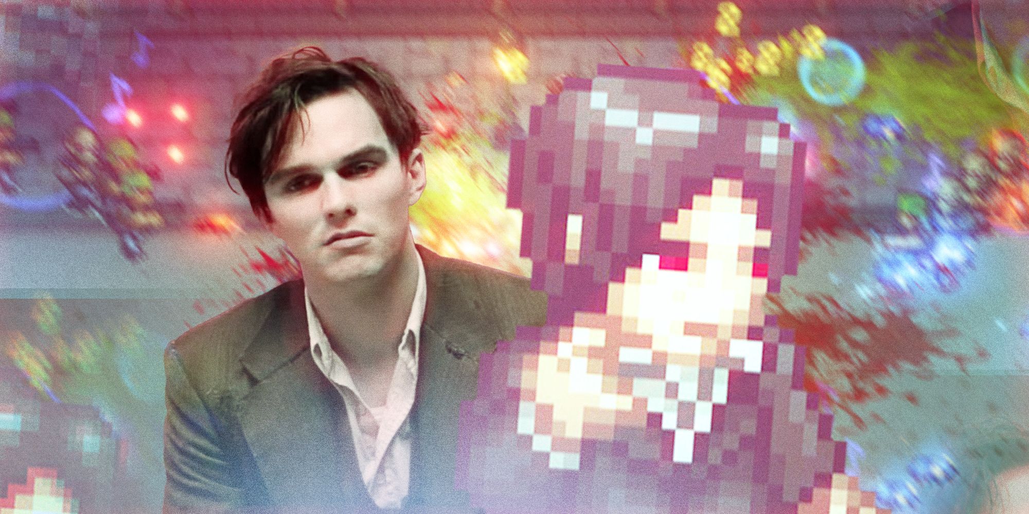 Nicholas Hoult as Renfield next to the pixelated version of the character from Renfield: Bring Your Own Blood