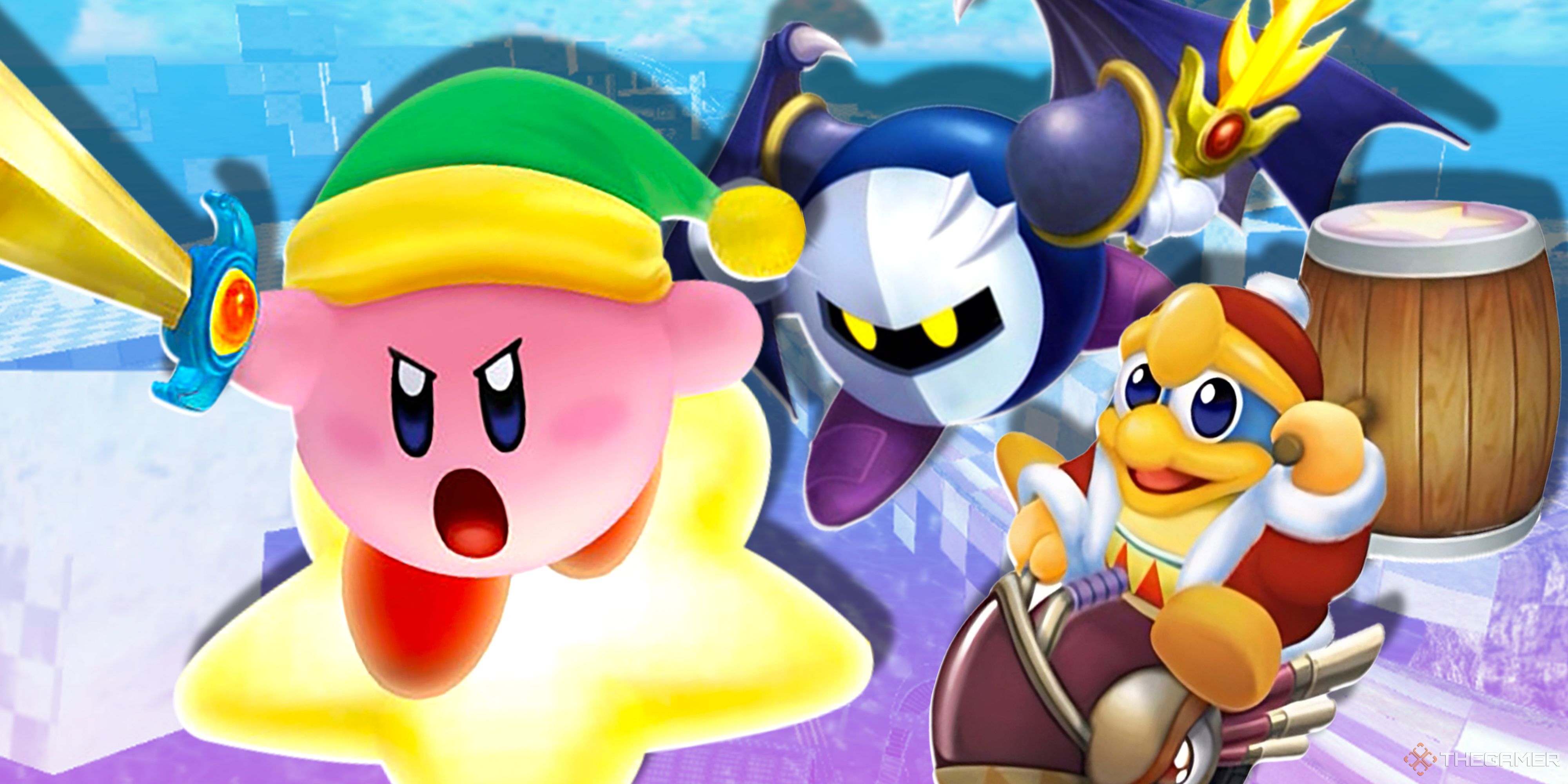 Collage image with Kirby, Meta Knight, and King Dedede in Kirby Air Ride.