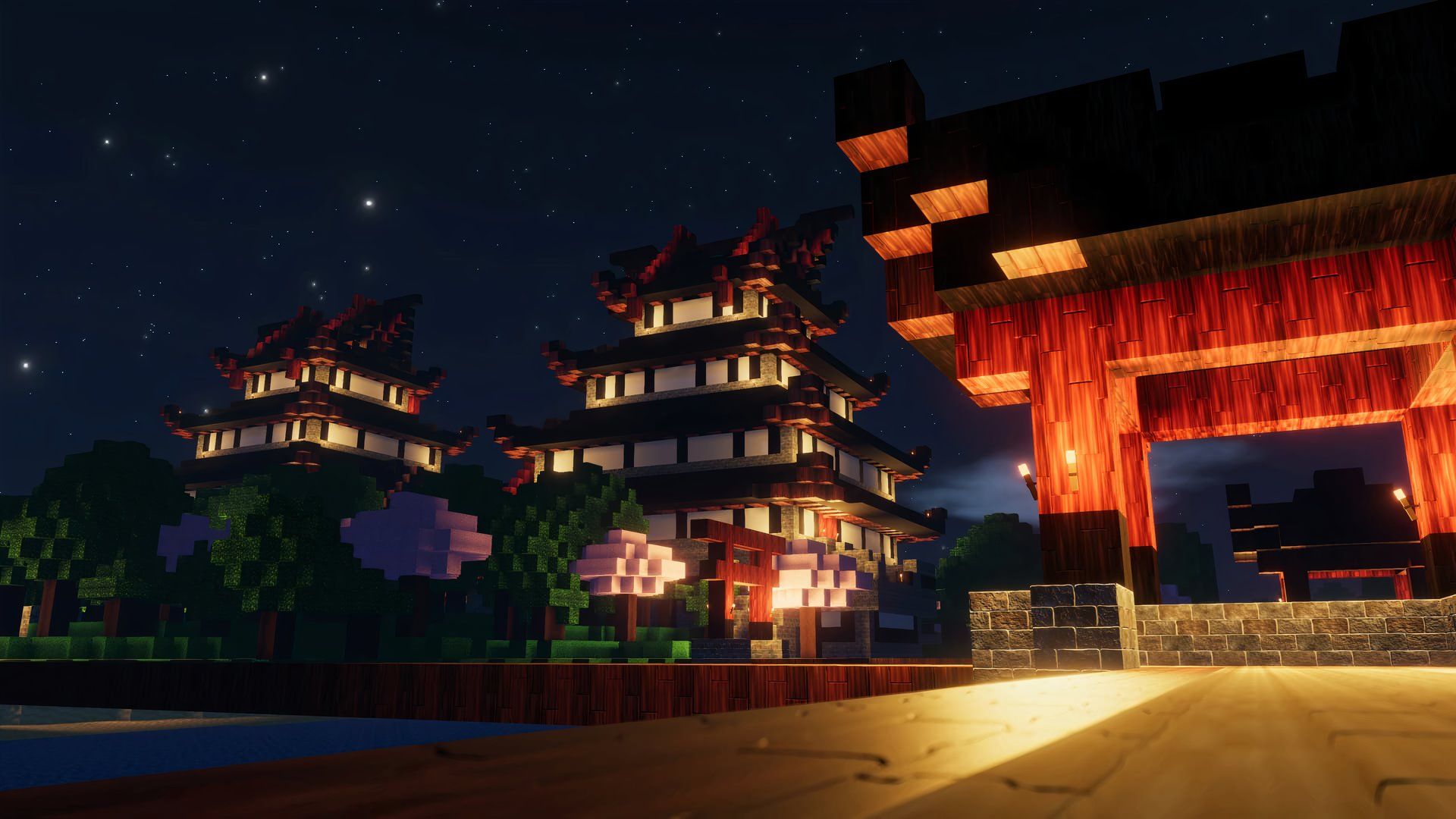 Colony structures at night in Colony Survival.