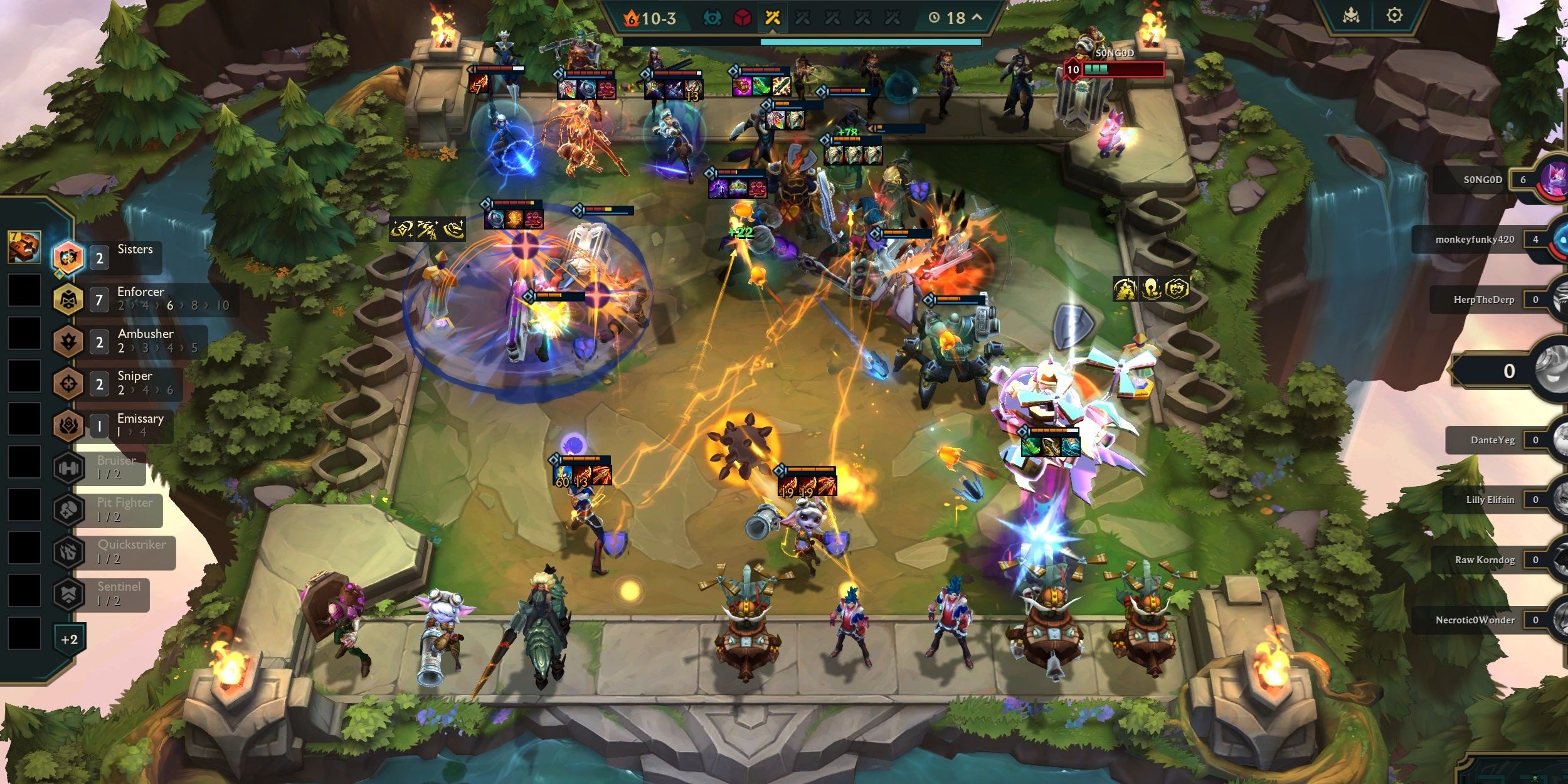 A TFT board in its last match. Numerous units fire off projectiles, lasers, and effects in all directions in TFT.