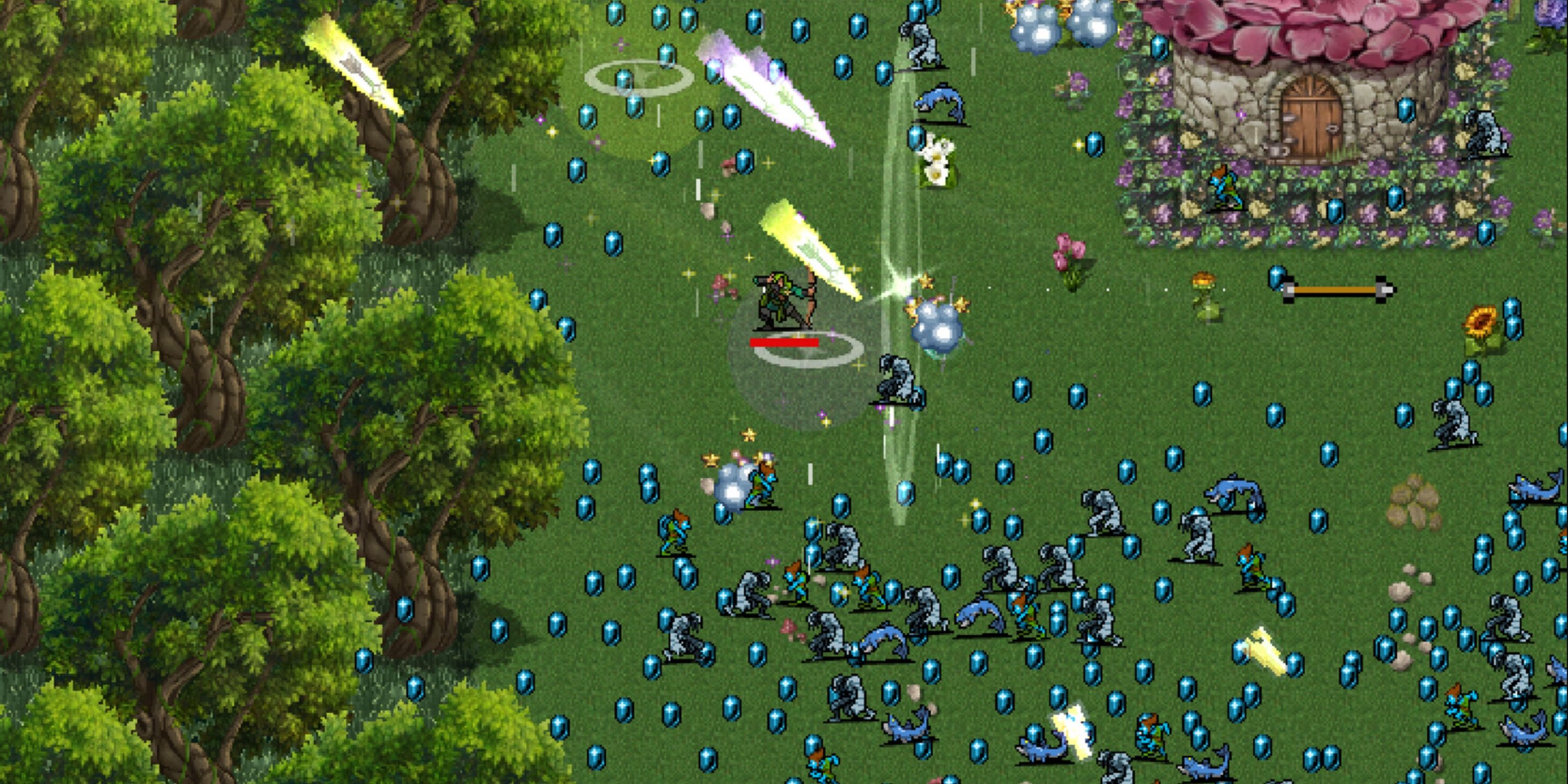 A green field with a forest on the left and a cottage on the right. The field is littered with blue gems and enemies, as well as knives of light in Vampire Survivors.