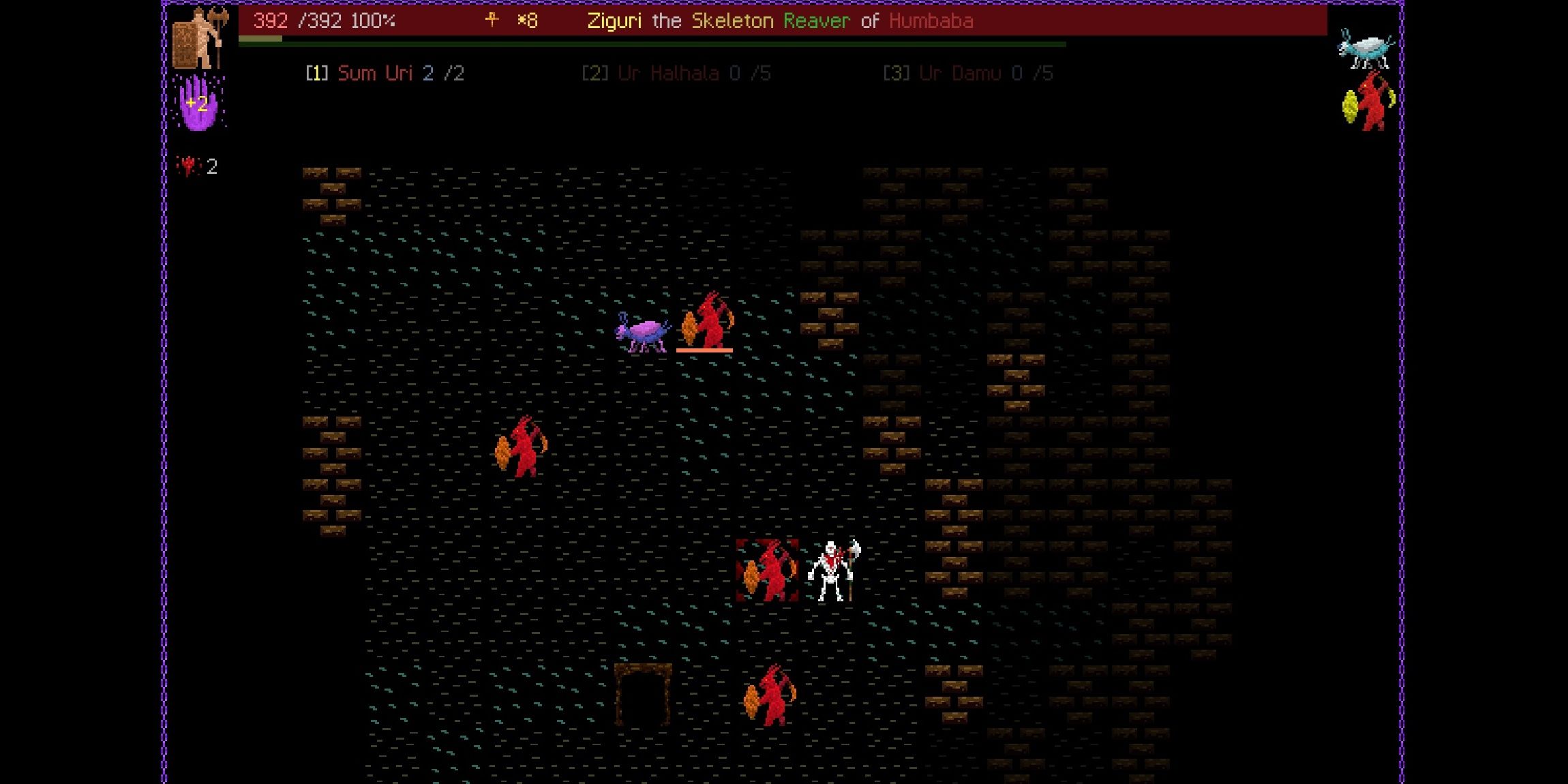 A pixel art game where a skeleton (white) is surrounded by demons (red) in Path of Achra.