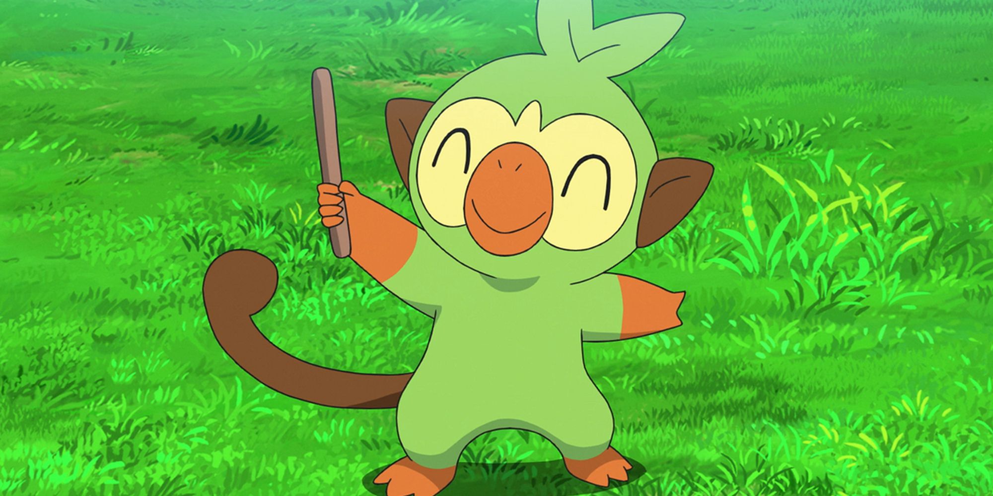 Grookey Happily Wielding A Stick.