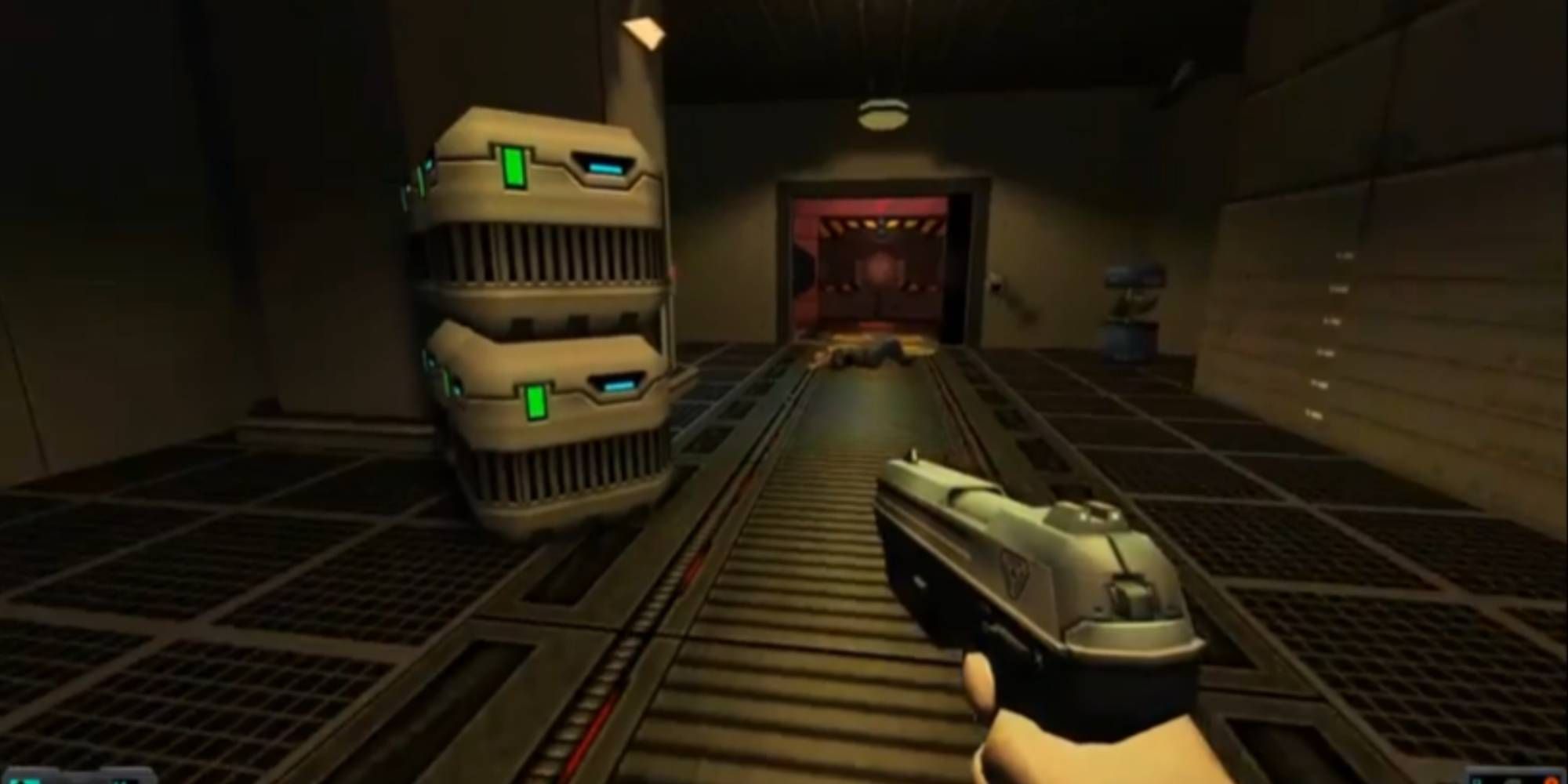 Wielding a pistol in System Shock 2.