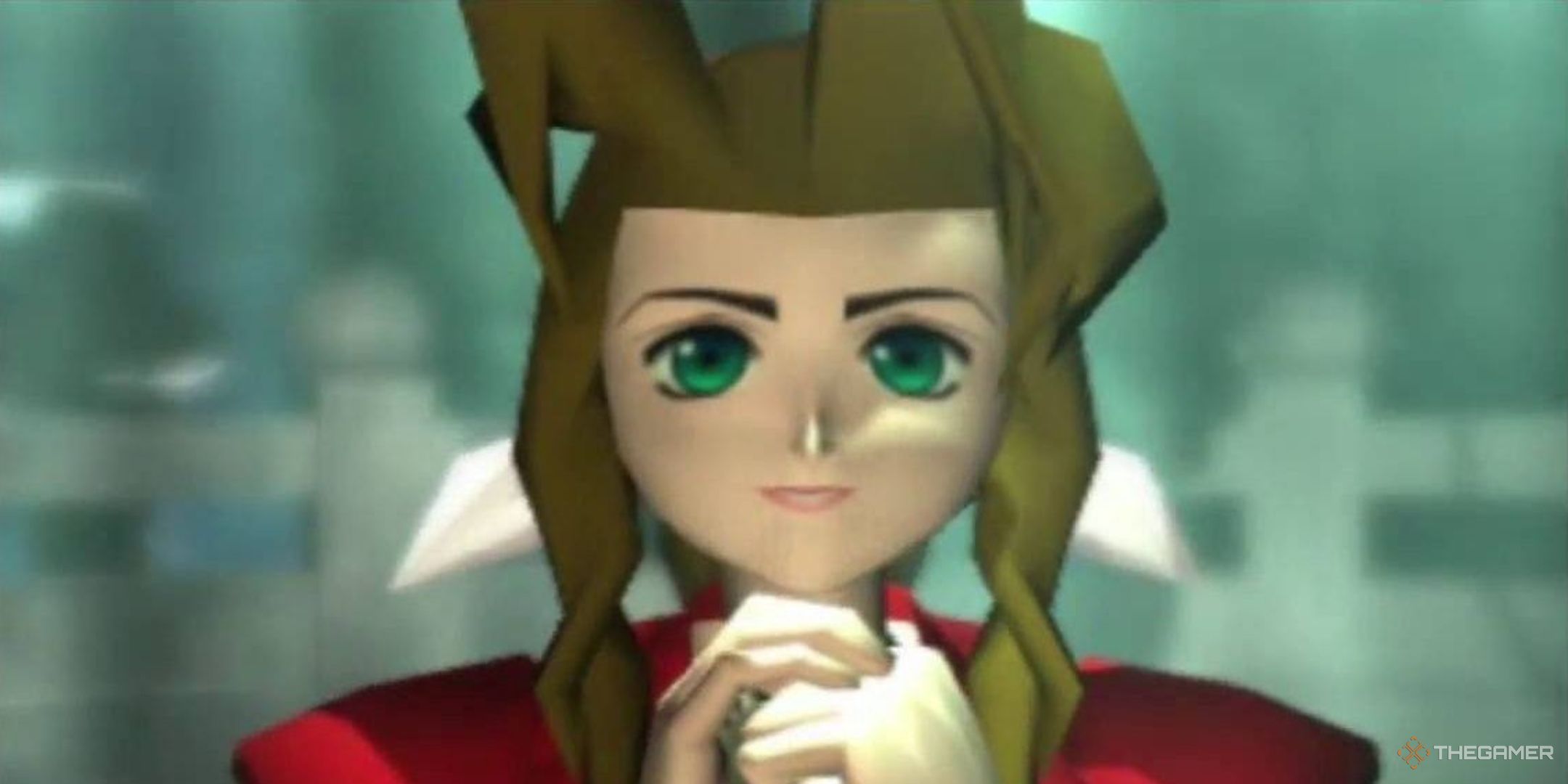 Aerith Gainsborough praying in the Temple of the Ancients in Final Fantasy 7.