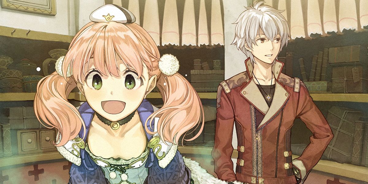 Atelier Escha & Logy Escha looking amazed at an unseen object as Logy smiles and looks to the side