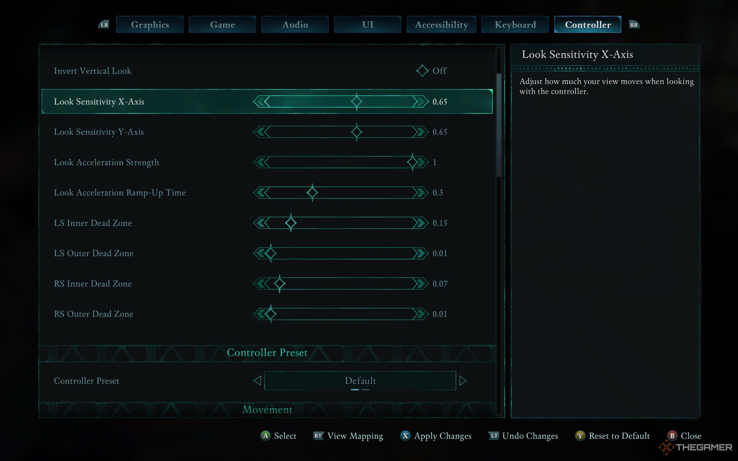 Avowed Controller settings menu, showing options like Look Sensitivity, Look Acceleration, and more.