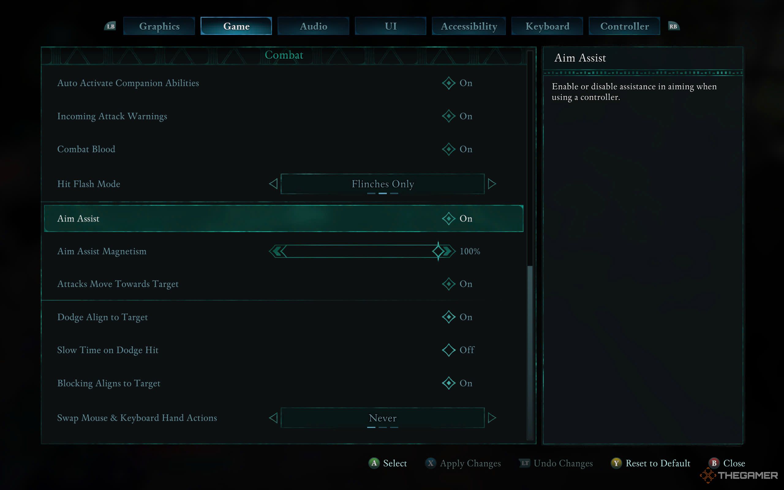 Avowed menu with 'Aim Assist' toggled 'On'.