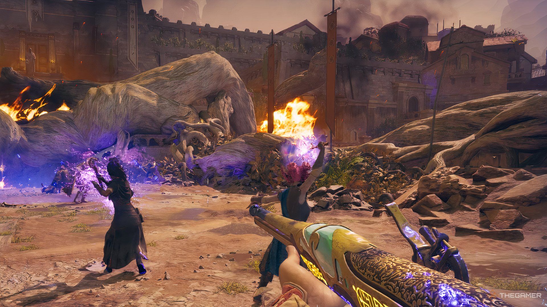 The godlike wields Izmatl's Meteoric Apparatus in battle.