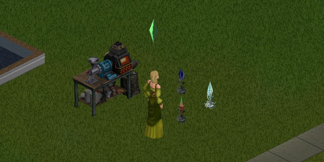 A Sim stands casting a charm that maxes out her needs in The Sims.