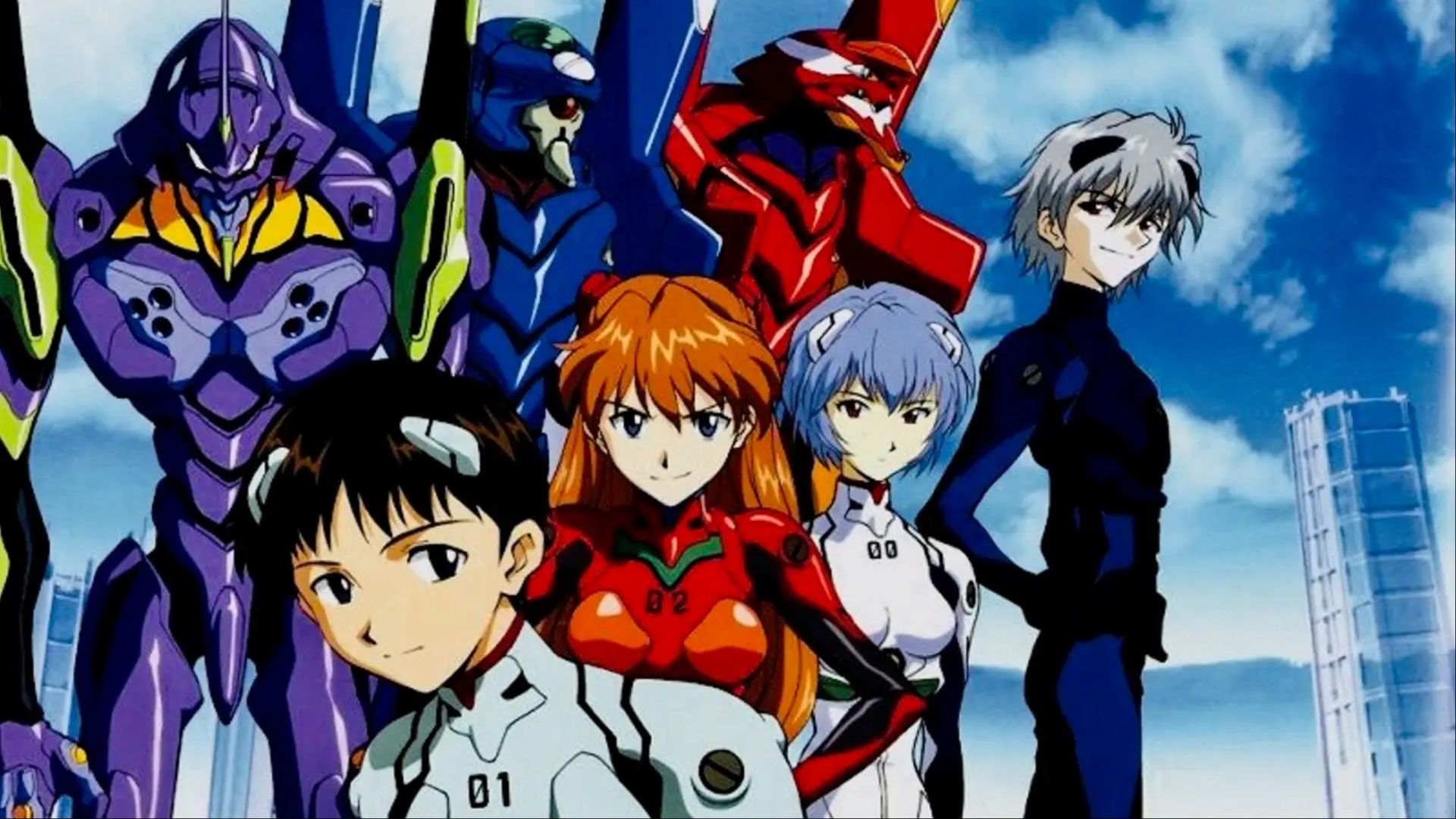 Key art showcasing the main cast of Neon Genesis Evangelion.