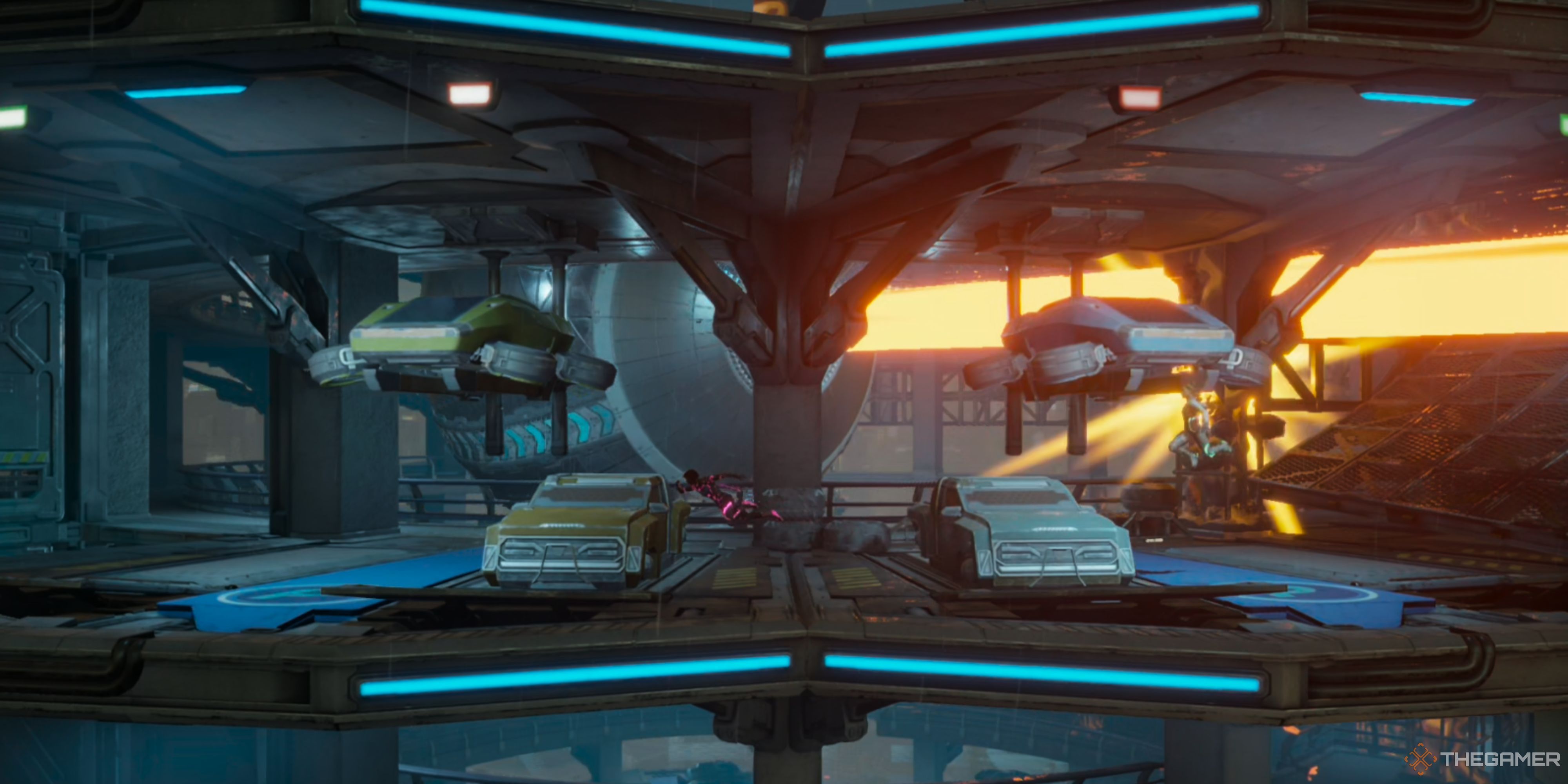 Fleeing Parking Warden in Neon Revenge level of Split Fiction