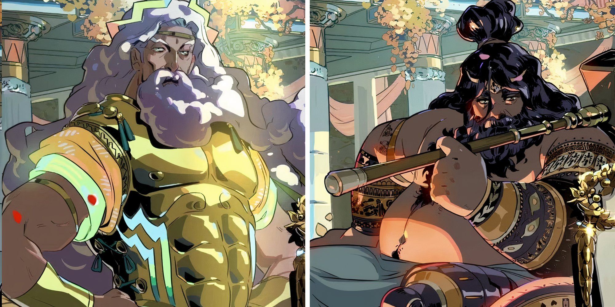 A split image showing Zeus and Hephaestus in Hades 2.