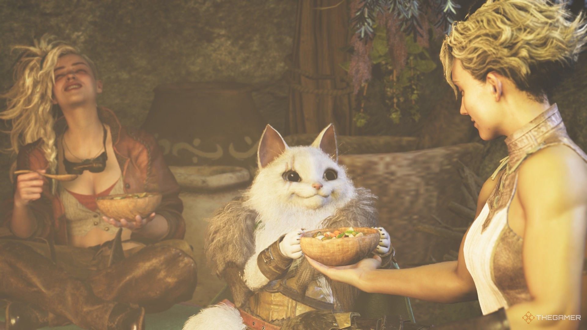 A Palico takes food from Olivia in Monster Hunter Wilds