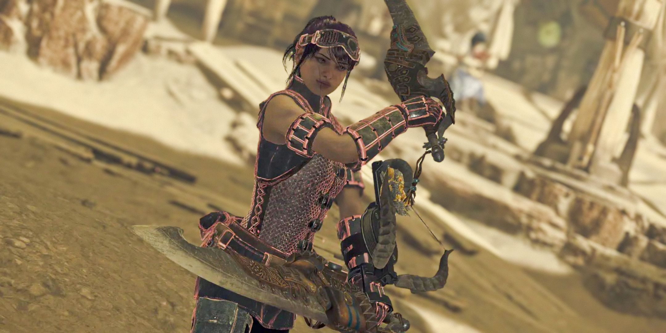 Monster Hunter Wilds character brandishing two swords in camp.